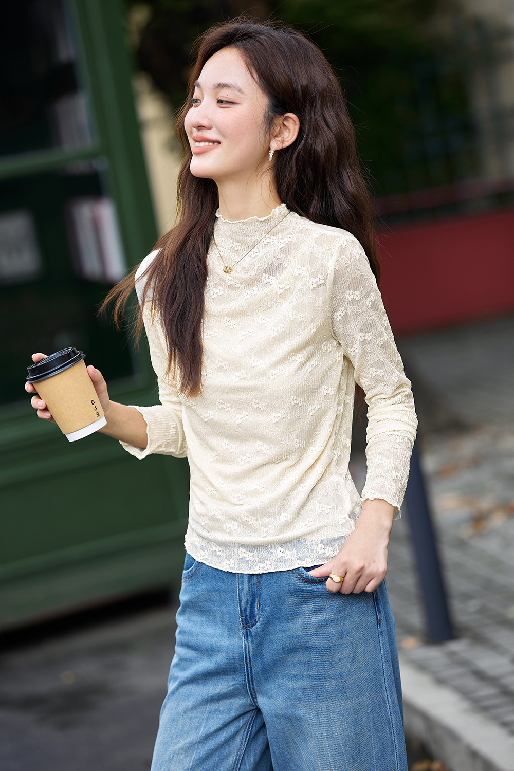 Slim-fit Layering Semi-turtleneck Lace Long Sleeve T-shirt-VIMLYSTORE