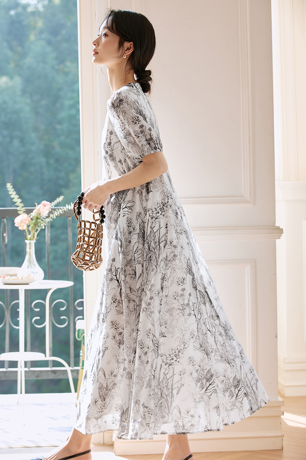 French-Inspired Watercolor Floral Round Neck Pullover Maxi Dress-VIMLYSTORE