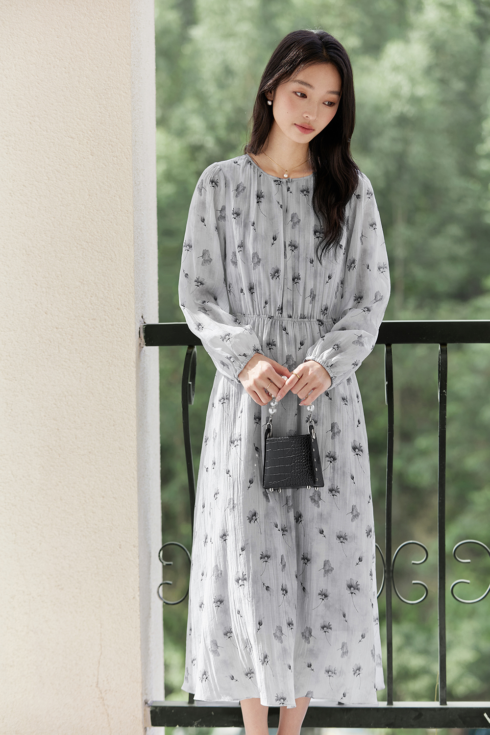 Lyocell Print Waist-Defining Slimming Long Sleeve Dress-VIMLYSTORE