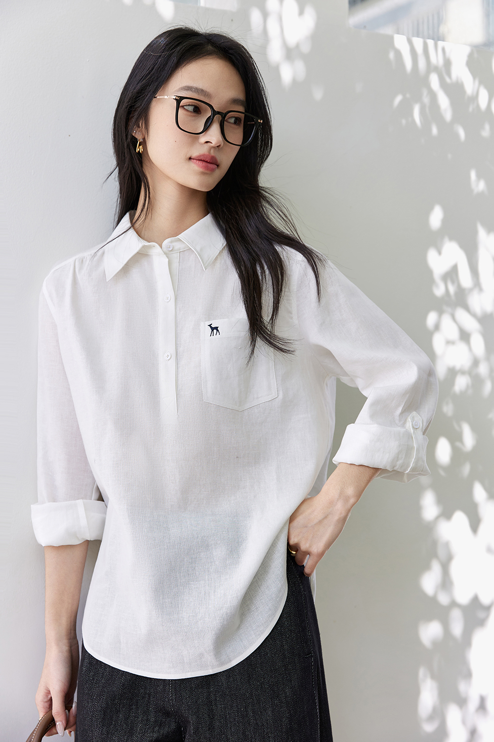Deer-Embroidered Oversized Shirt for Stylish Commuting-VIMLYSTORE