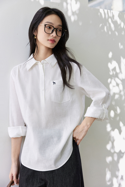 Deer-Embroidered Oversized Shirt for Stylish Commuting-VIMLYSTORE