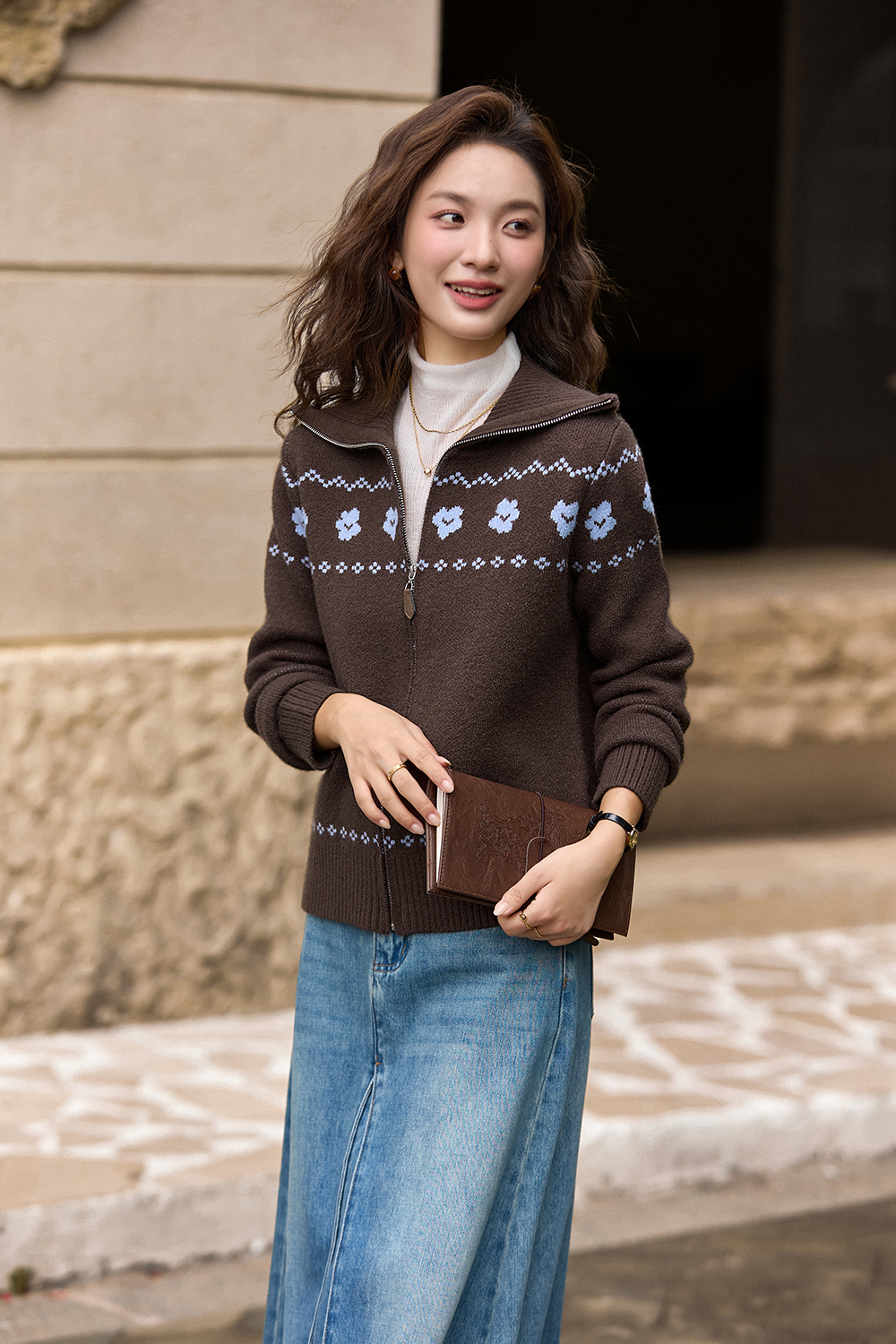 Navy Blue Jacquard Zippered Knitted Cardigan