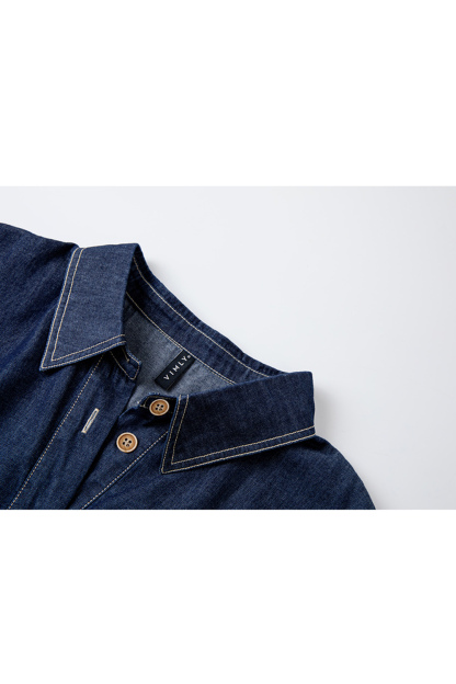 Retro Denim Dress with Lace Sleeves and Waist-Defining Silhouette-VIMLYSTORE