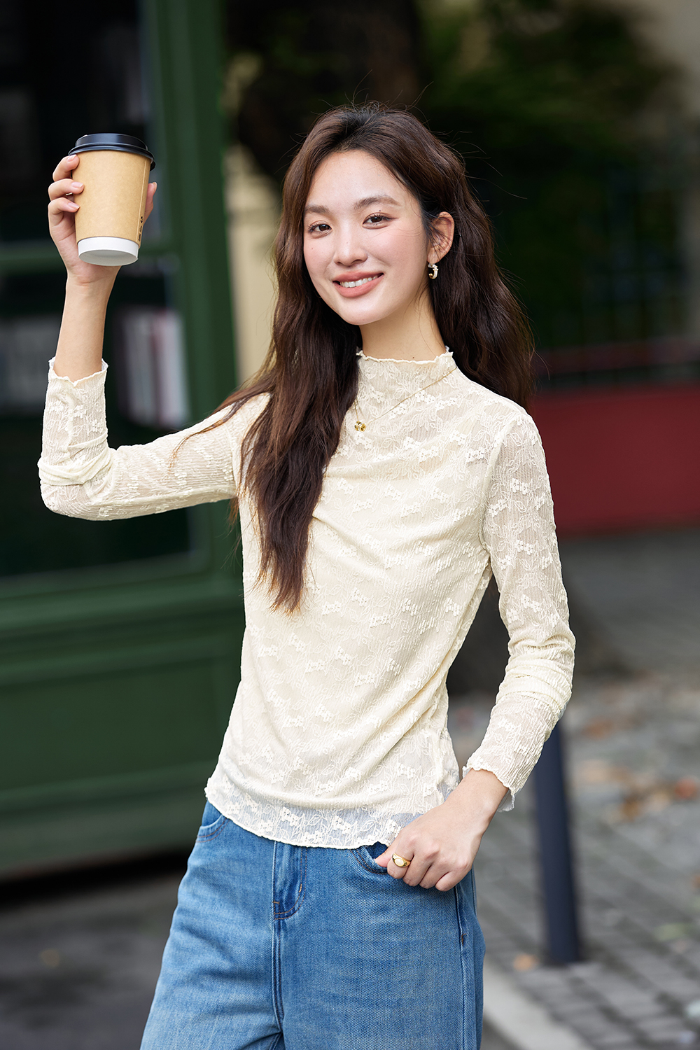 Slim-fit Layering Semi-turtleneck Lace Long Sleeve T-shirt-VIMLYSTORE