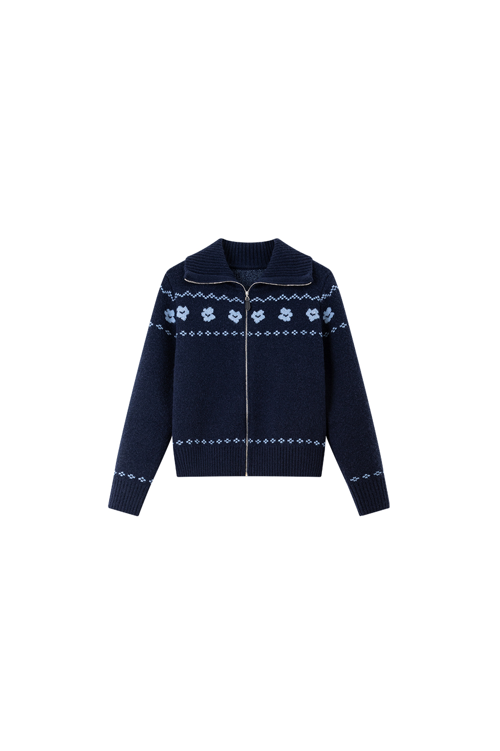 Navy Blue Jacquard Zippered Knitted Cardigan