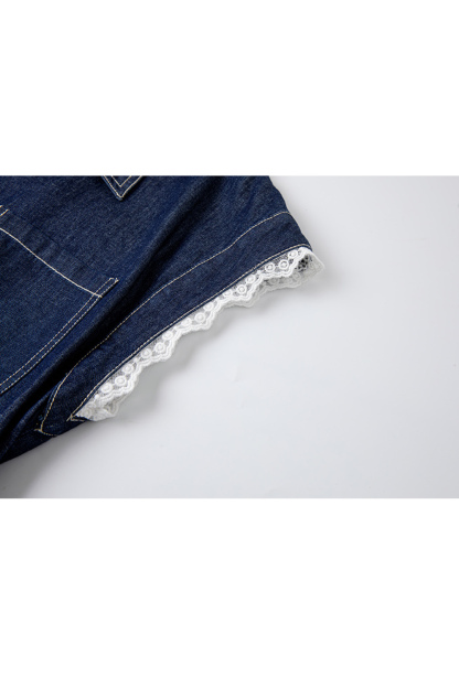 Retro Denim Dress with Lace Sleeves and Waist-Defining Silhouette-VIMLYSTORE