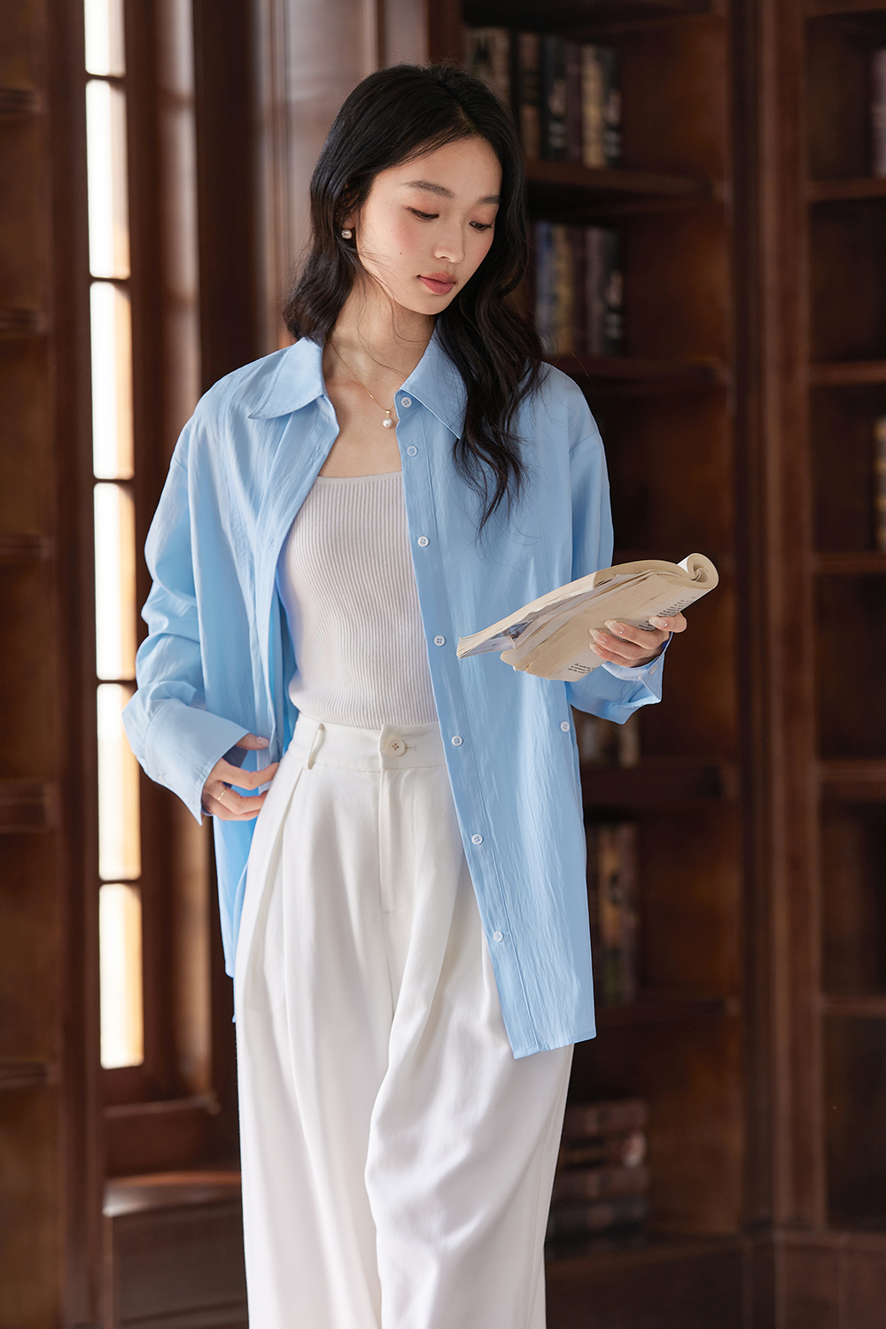 French-Inspired Dropped-Shoulder Oversized Shirt-VIMLYSTORE