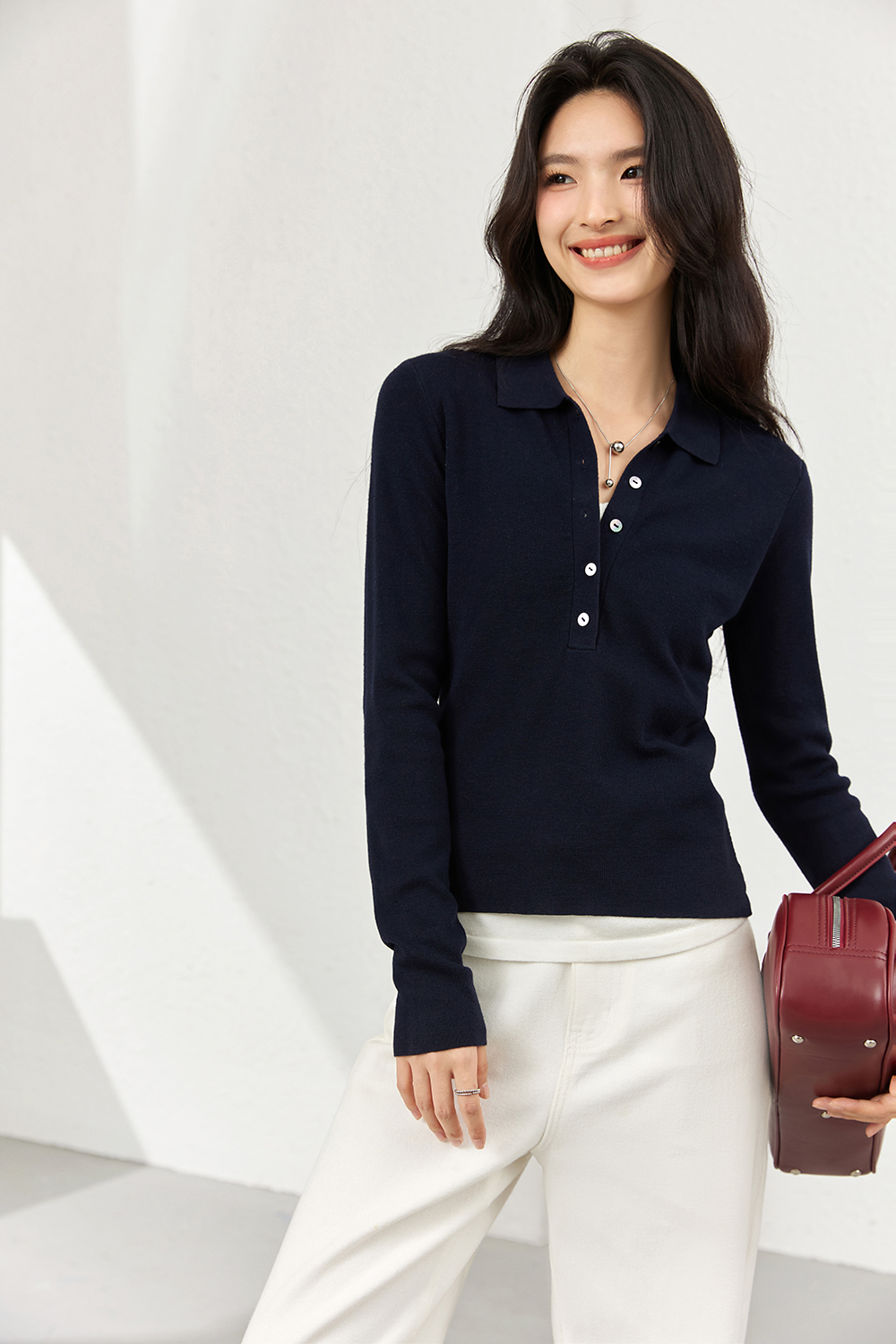 Faux Layered Polo-Neck Relaxed Knit