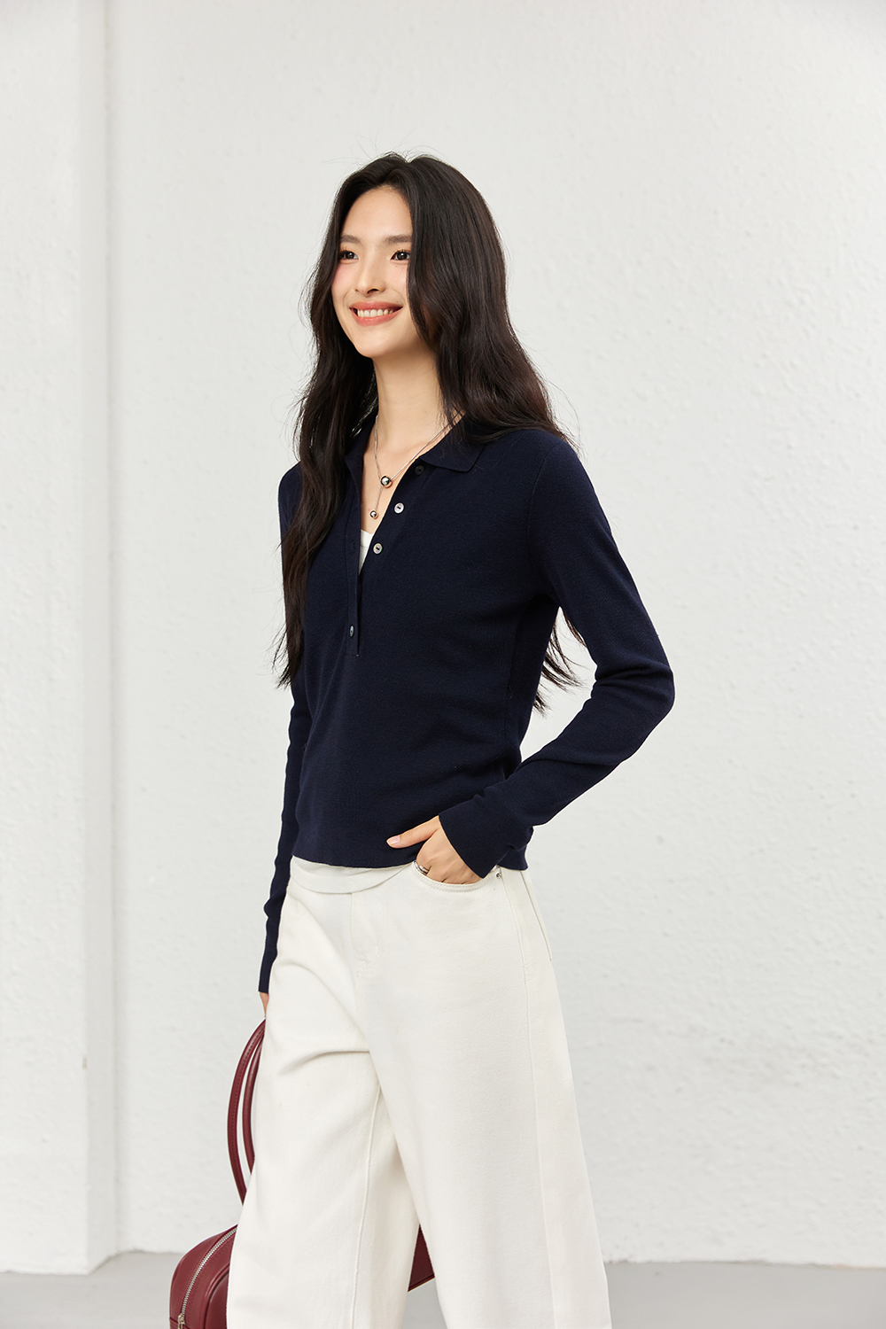 Faux Layered Polo-Neck Relaxed Knit-VIMLYSTORE