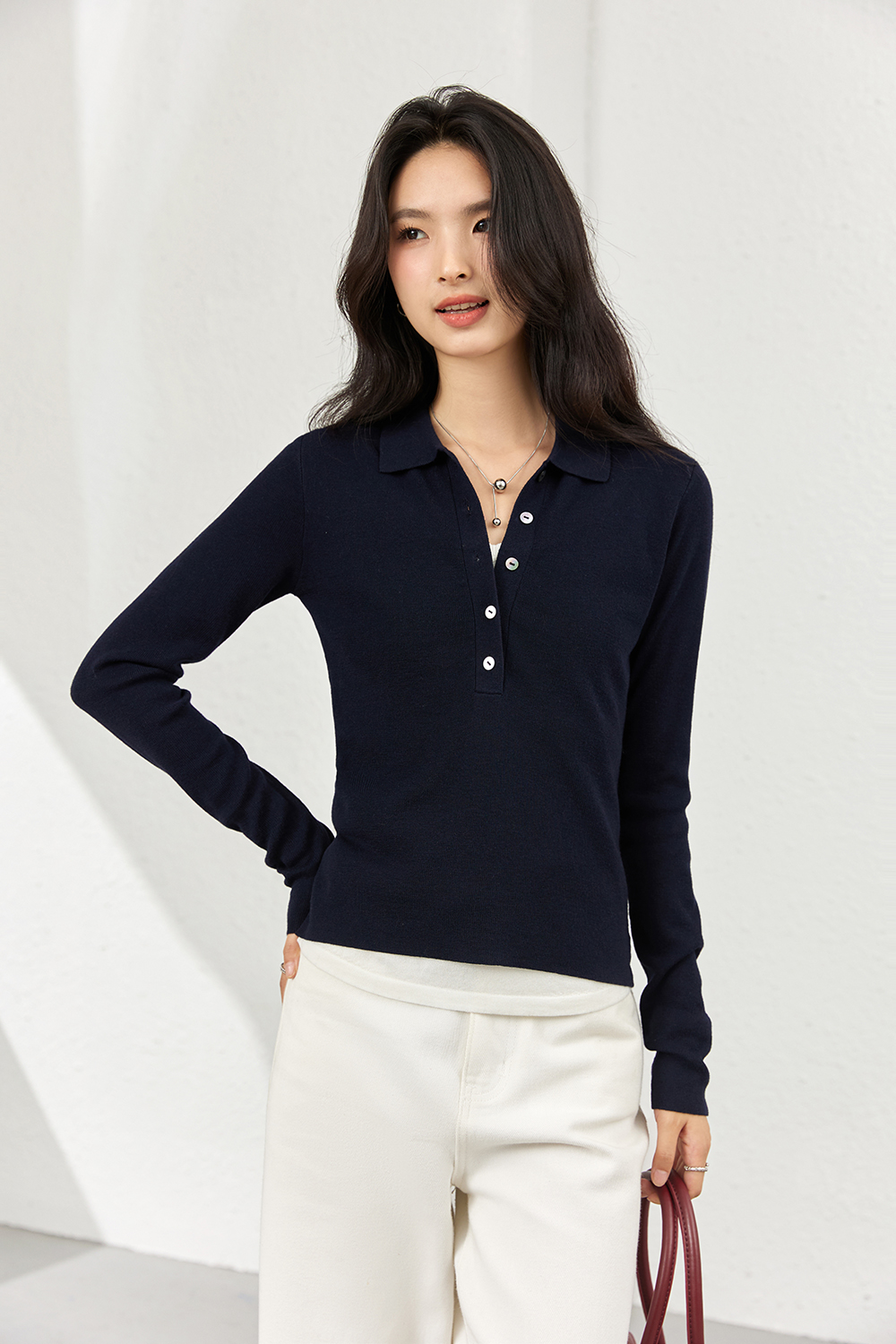 Faux Layered Polo-Neck Relaxed Knit-VIMLYSTORE