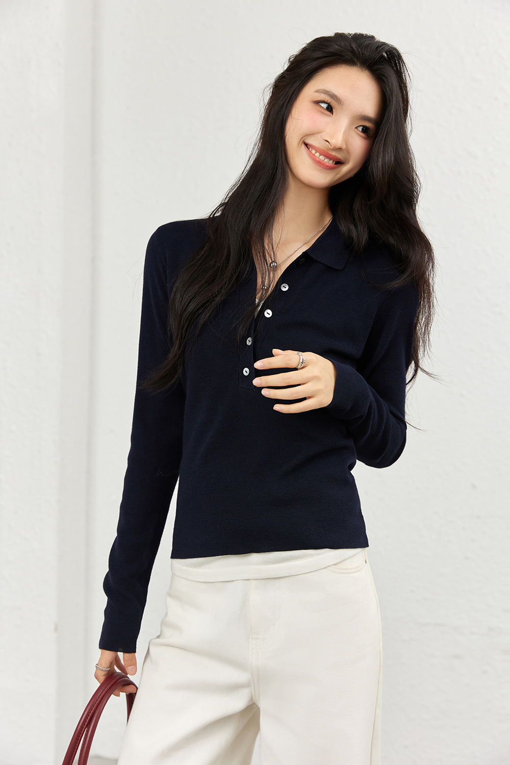 Faux Layered Polo-Neck Relaxed Knit-VIMLYSTORE