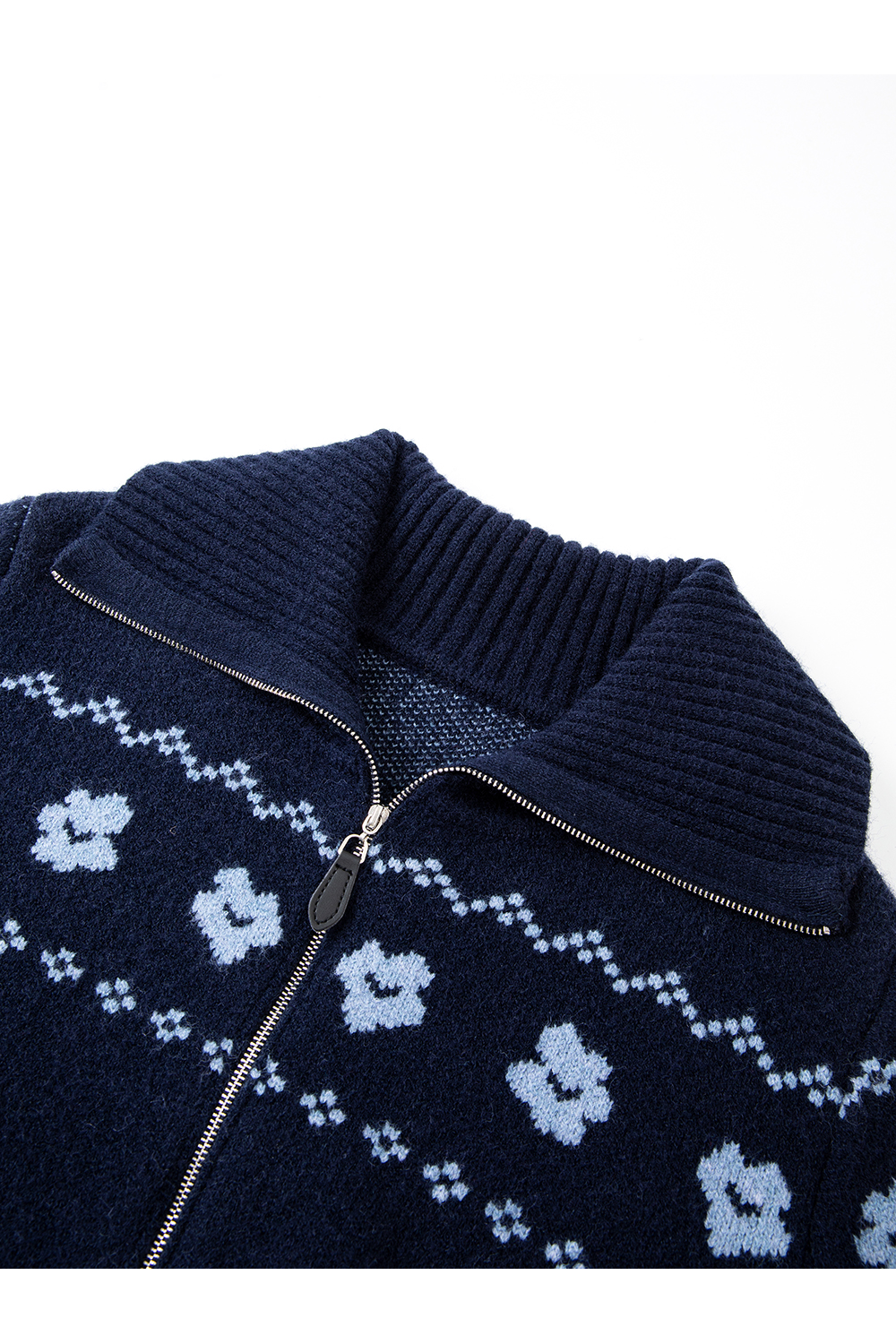 Navy Blue Jacquard Zippered Knitted Cardigan