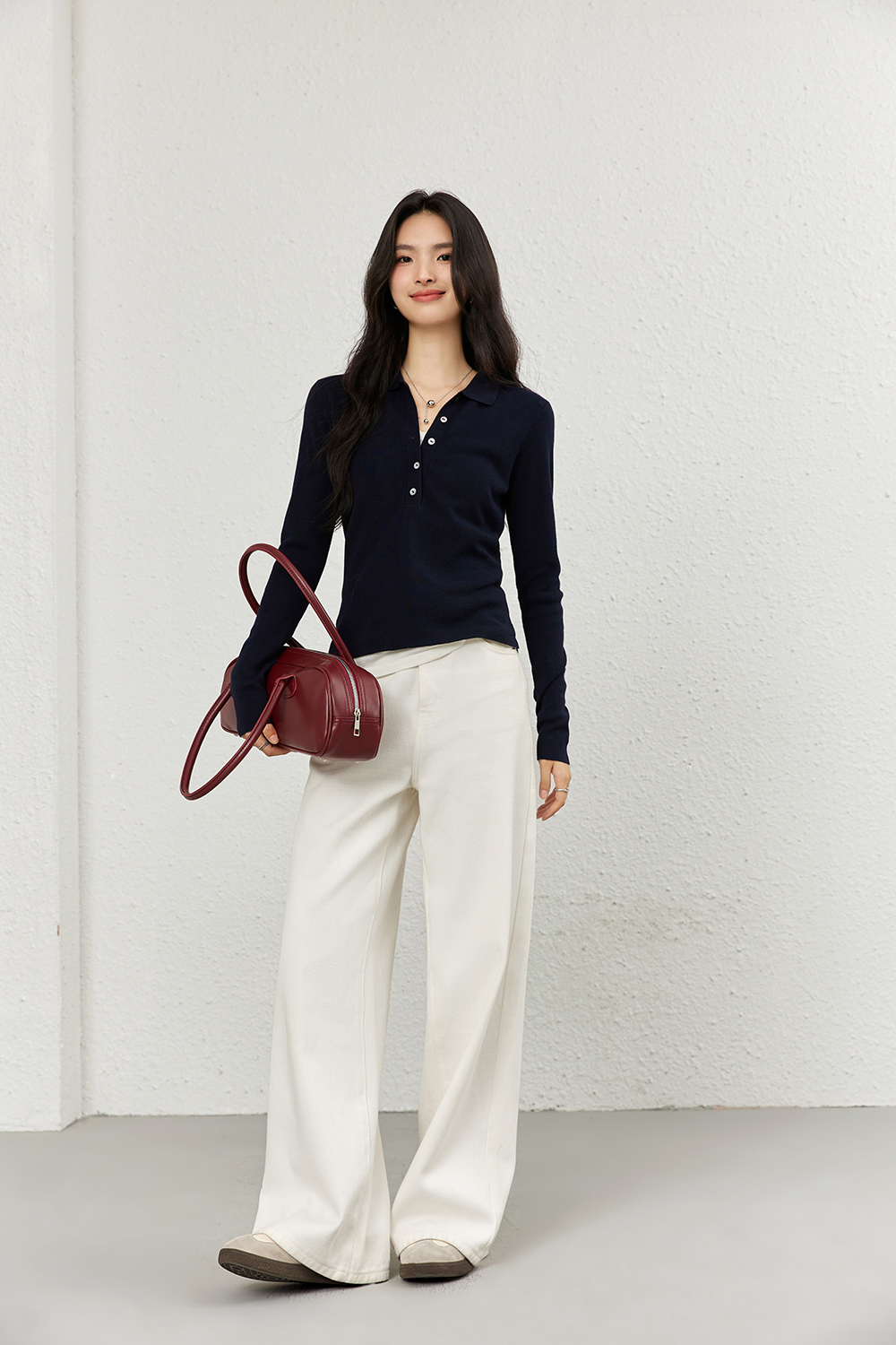 Faux Layered Polo-Neck Relaxed Knit-VIMLYSTORE