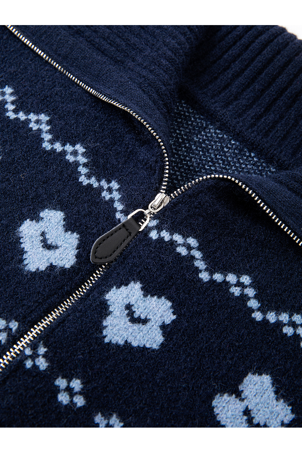 Navy Blue Jacquard Zippered Knitted Cardigan