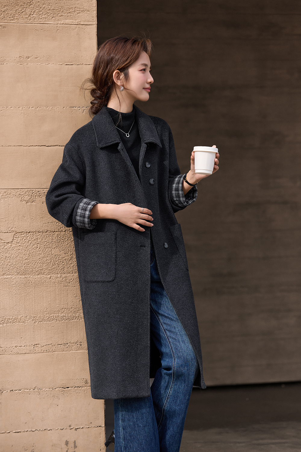 Grey Plaid Patchwork Woolen Coat