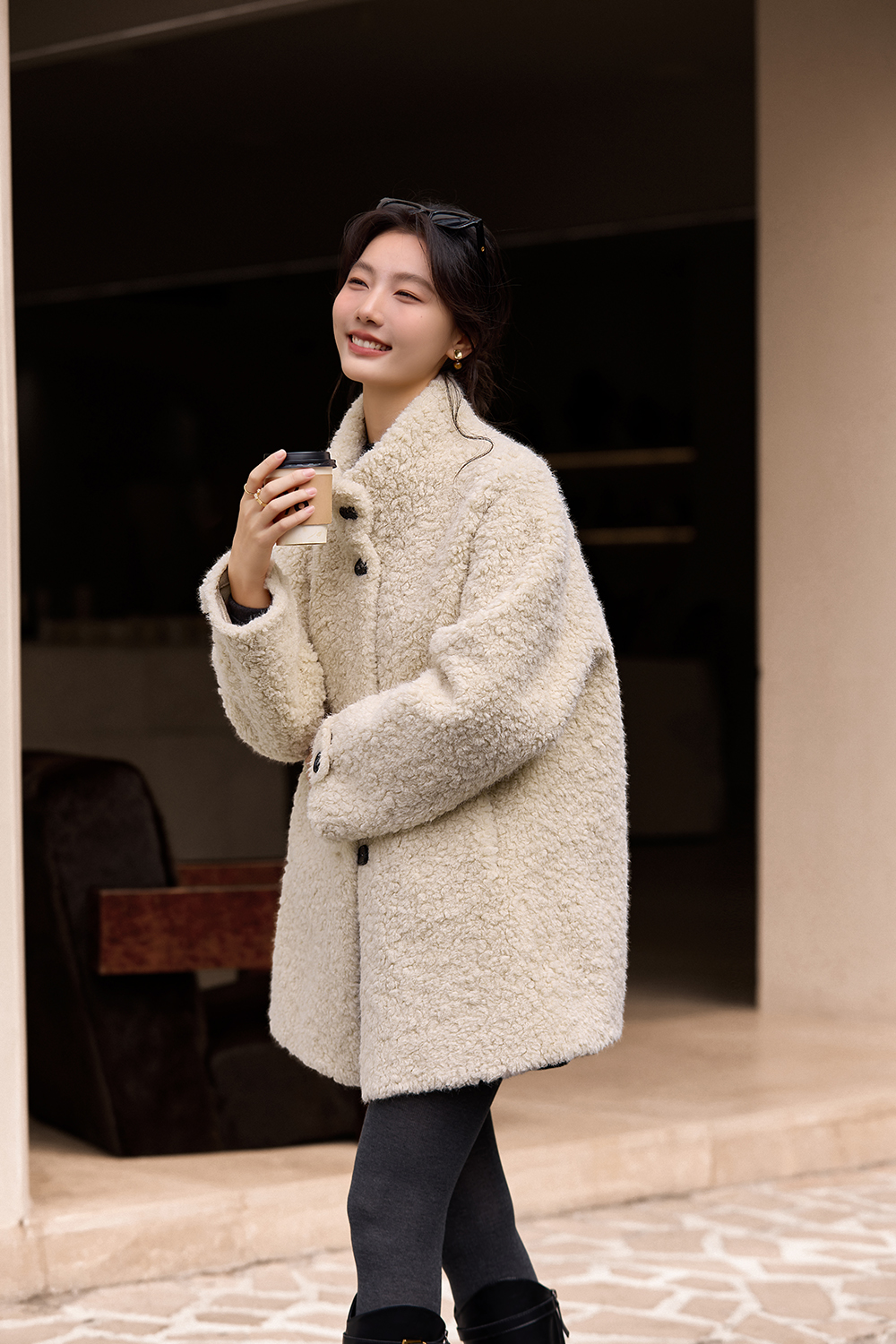 Stand Collar Shearling-Lined Coat