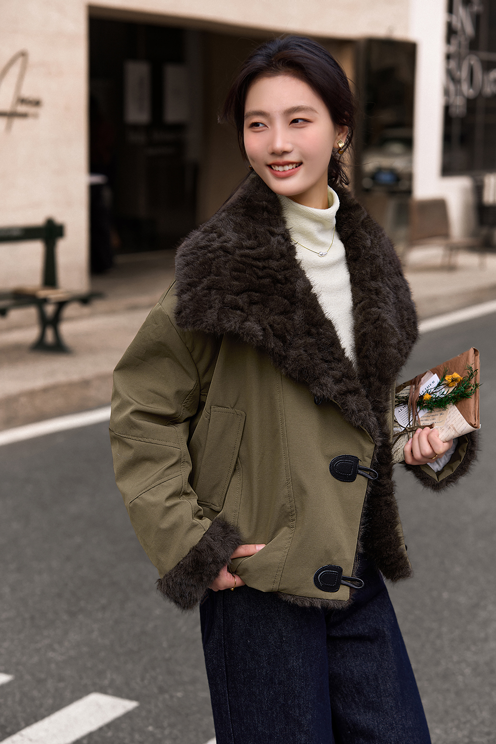 Fleece Lapel Toggle Button Coat