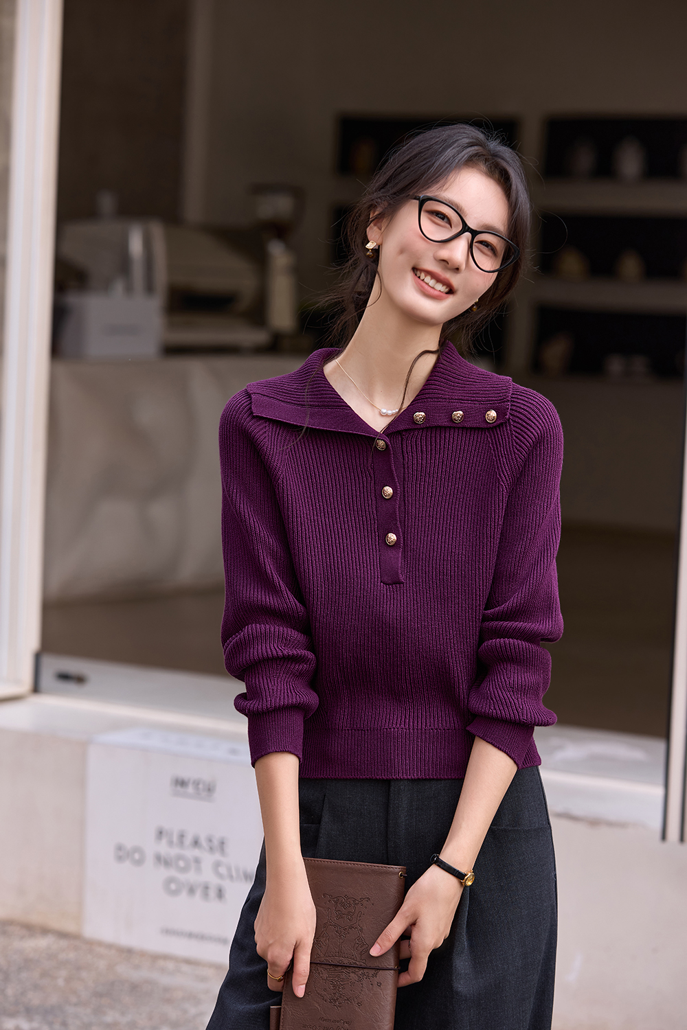 Plum Purple Lapel Knit Sweater