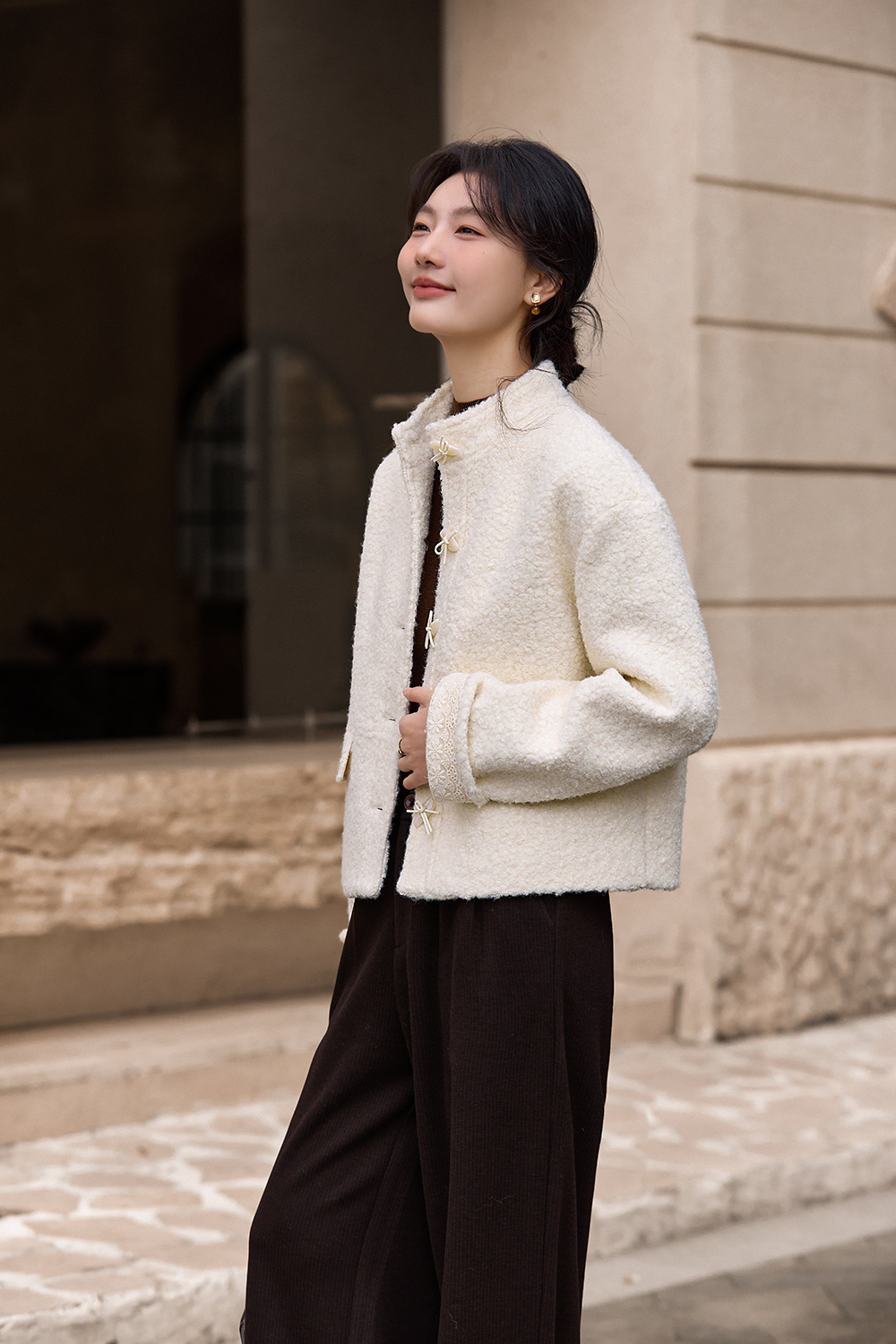 White Stand Collar Padded Coat