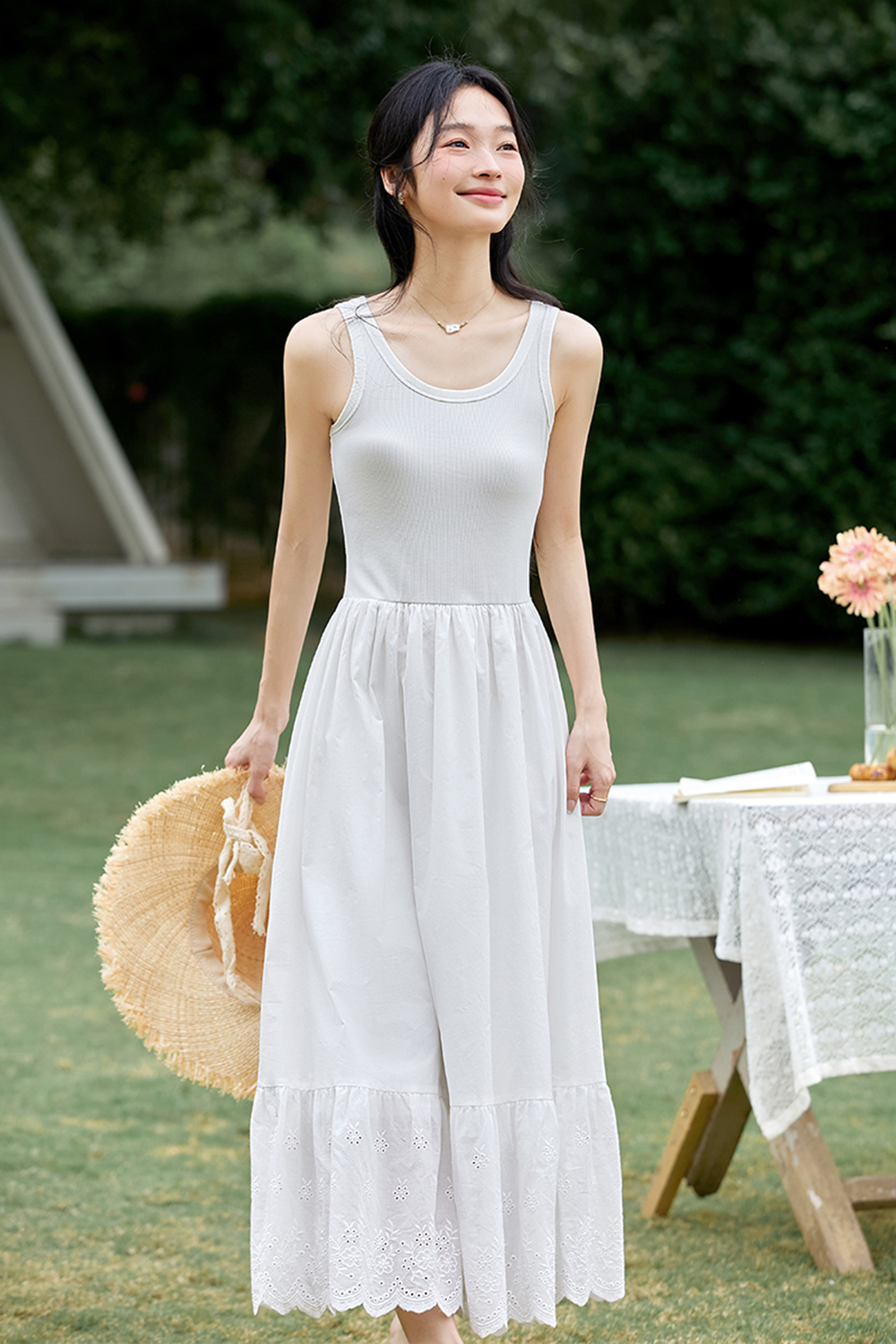 White Suspender Lace Stitching Design Long Dress-VIMLYSTORE