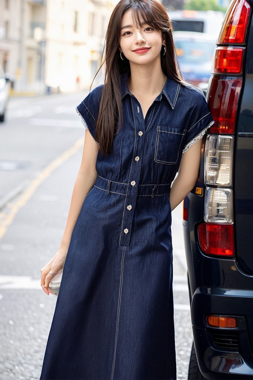 Retro Denim Dress with Lace Sleeves and Waist-Defining Silhouette-VIMLYSTORE
