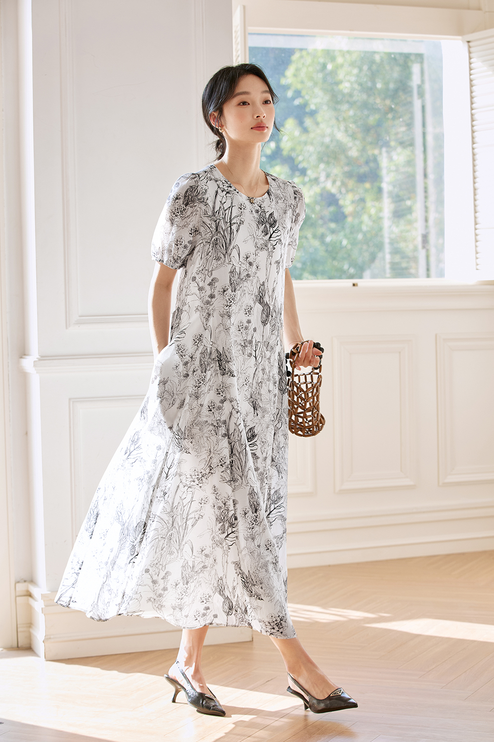 French-Inspired Watercolor Floral Round Neck Pullover Maxi Dress-VIMLYSTORE