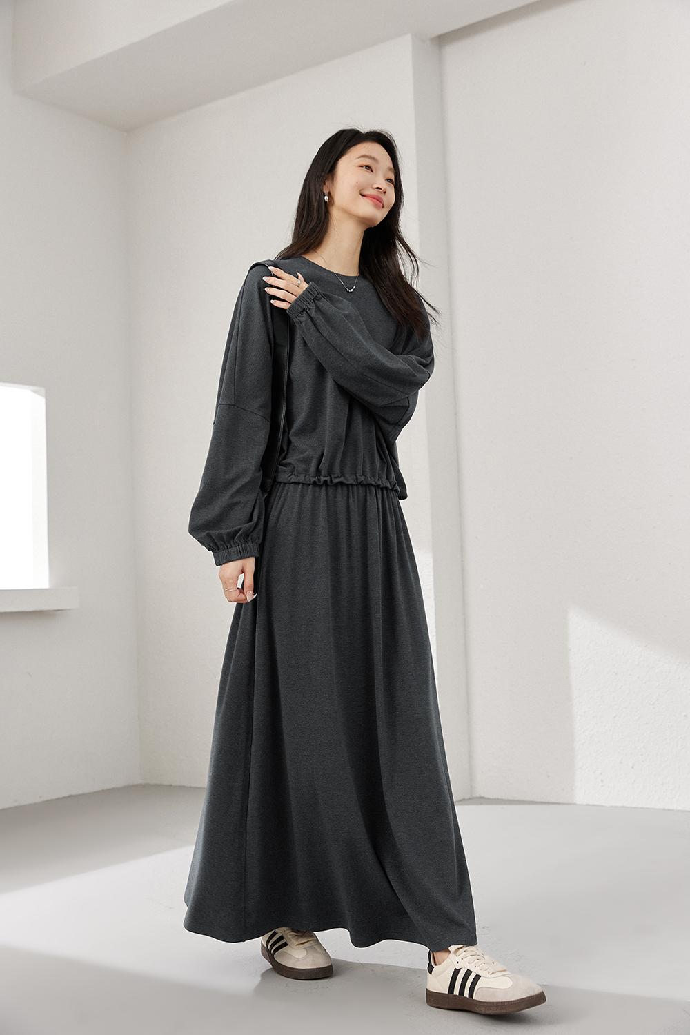 Charcoal Knit Top & A-Line Skirt Coordinated Set-VIMLYSTORE