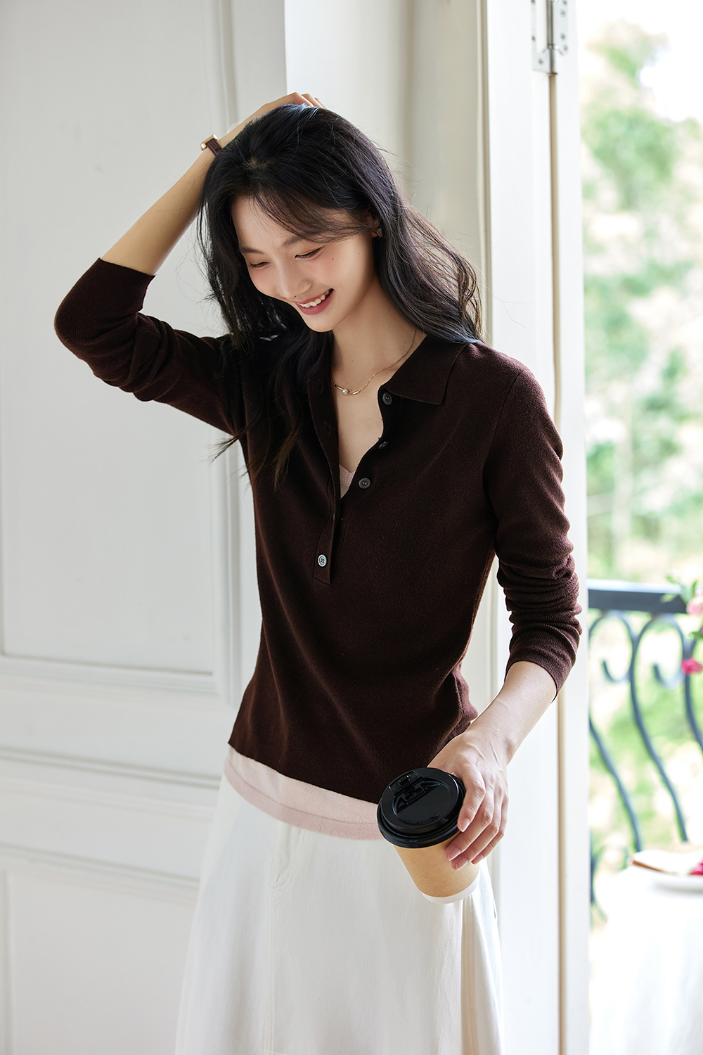 Faux Layered Polo-Neck Relaxed Knit-VIMLYSTORE