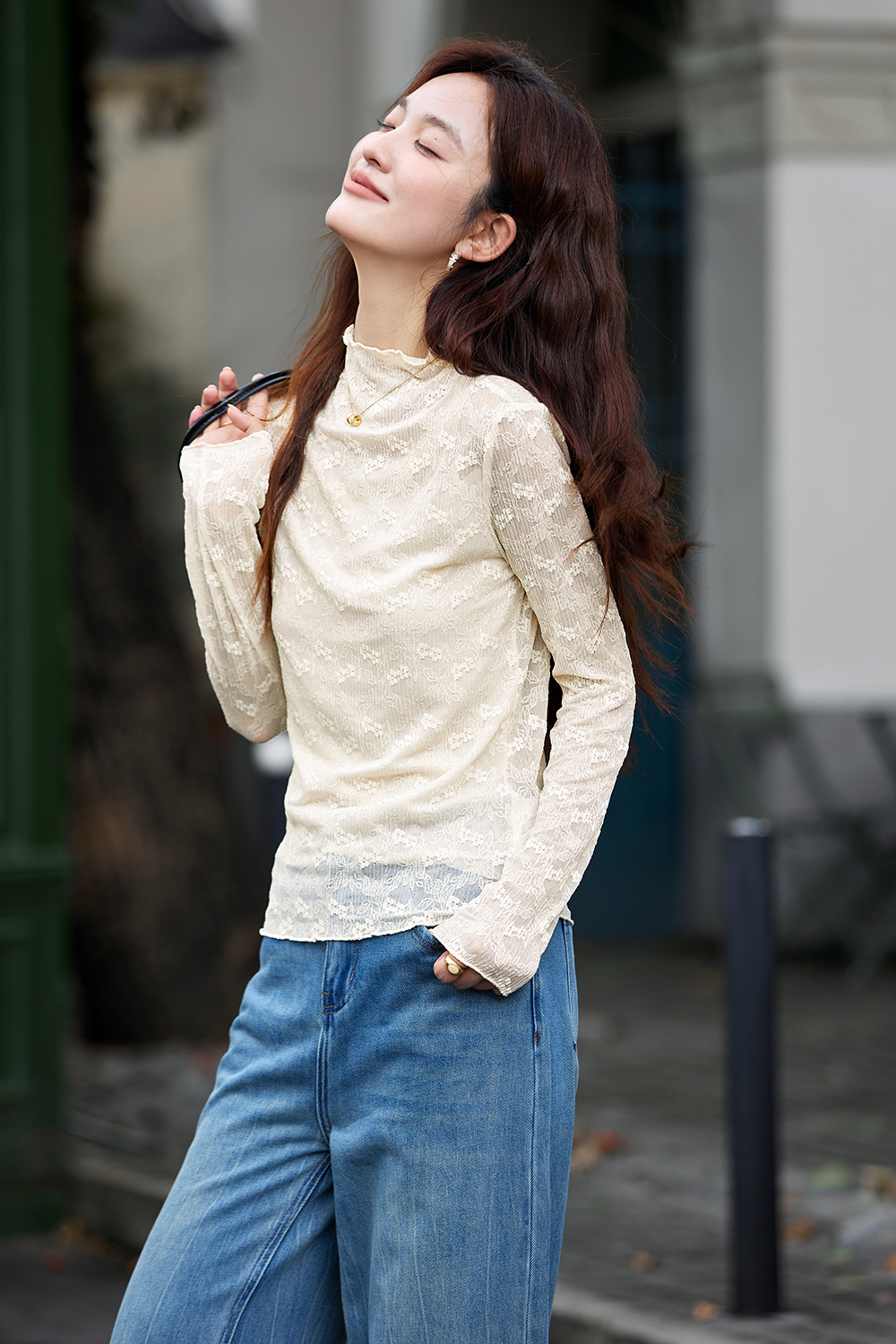 Slim-fit Layering Semi-turtleneck Lace Long Sleeve T-shirt-VIMLYSTORE