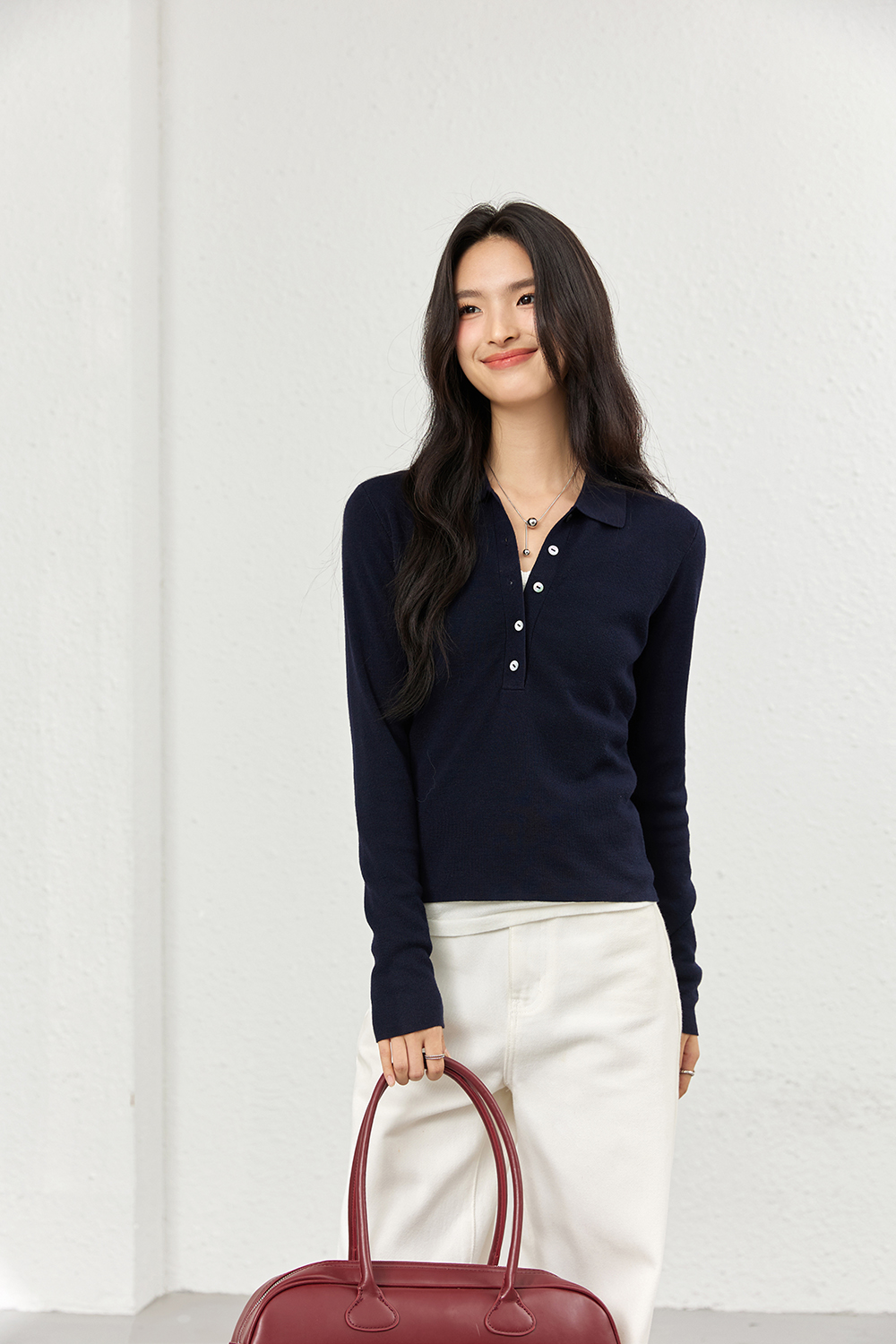 Faux Layered Polo-Neck Relaxed Knit-VIMLYSTORE