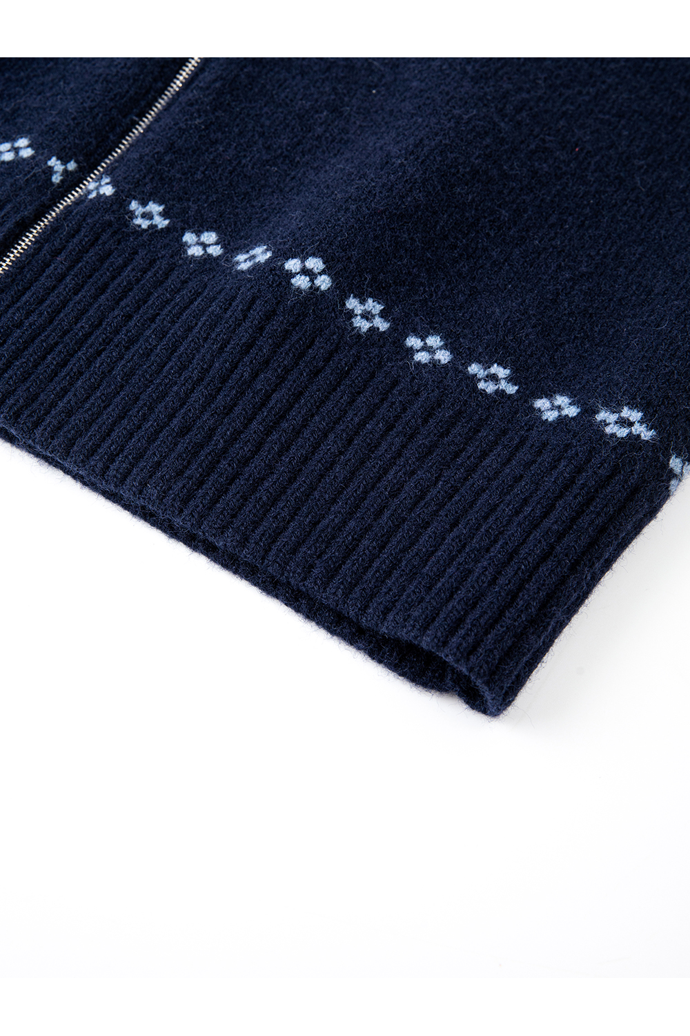 Navy Blue Jacquard Zippered Knitted Cardigan
