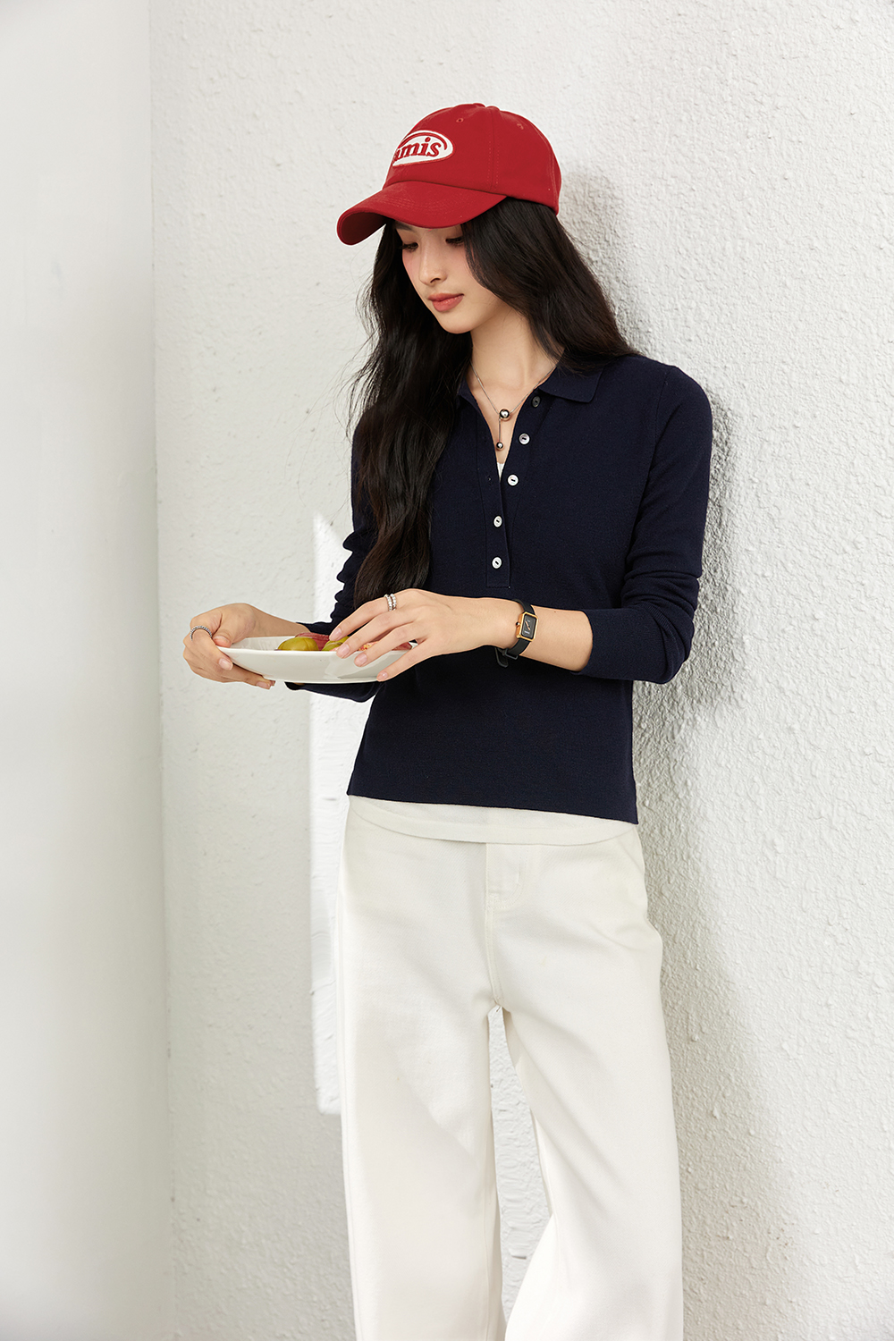 Faux Layered Polo-Neck Relaxed Knit