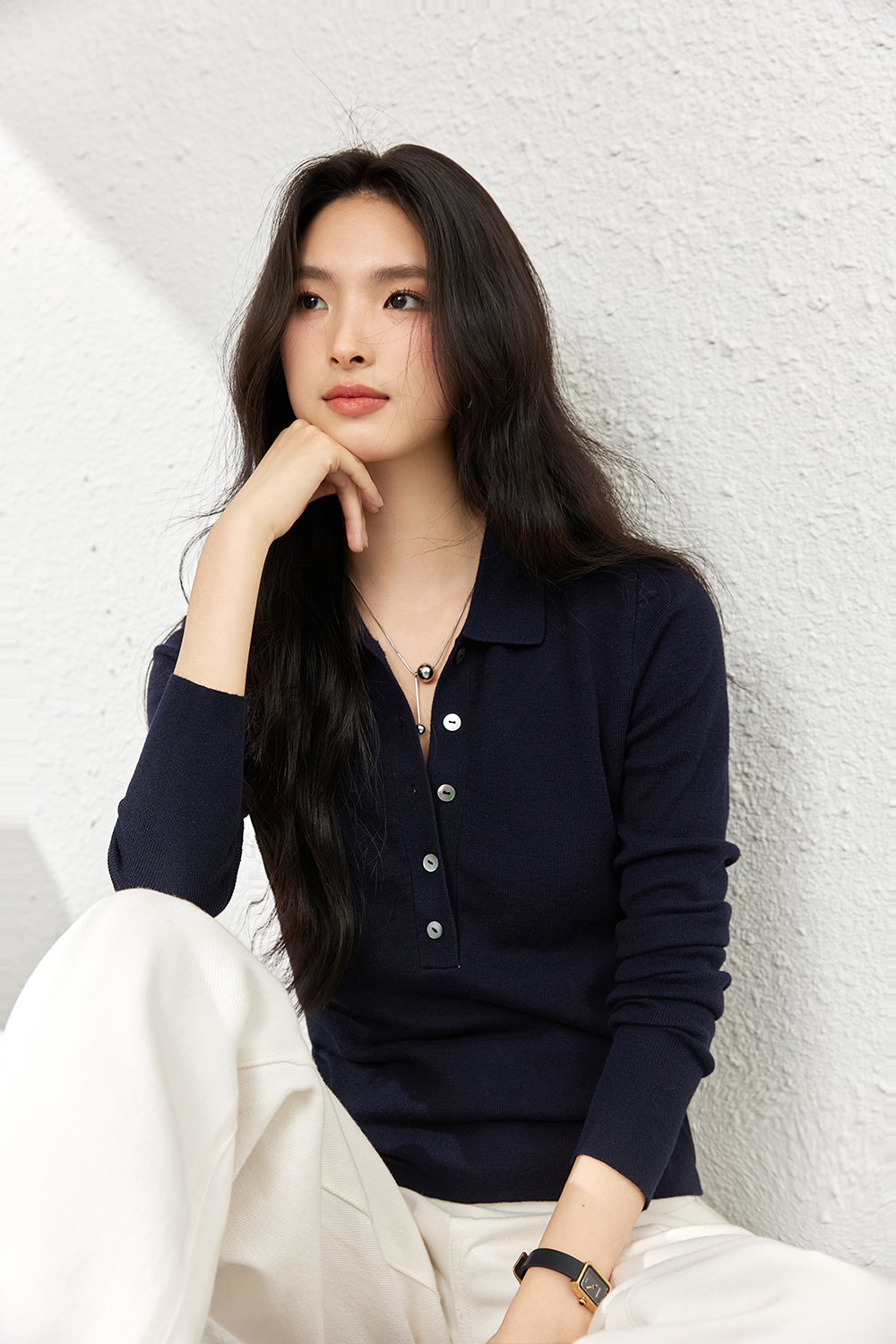 Faux Layered Polo-Neck Relaxed Knit-VIMLYSTORE