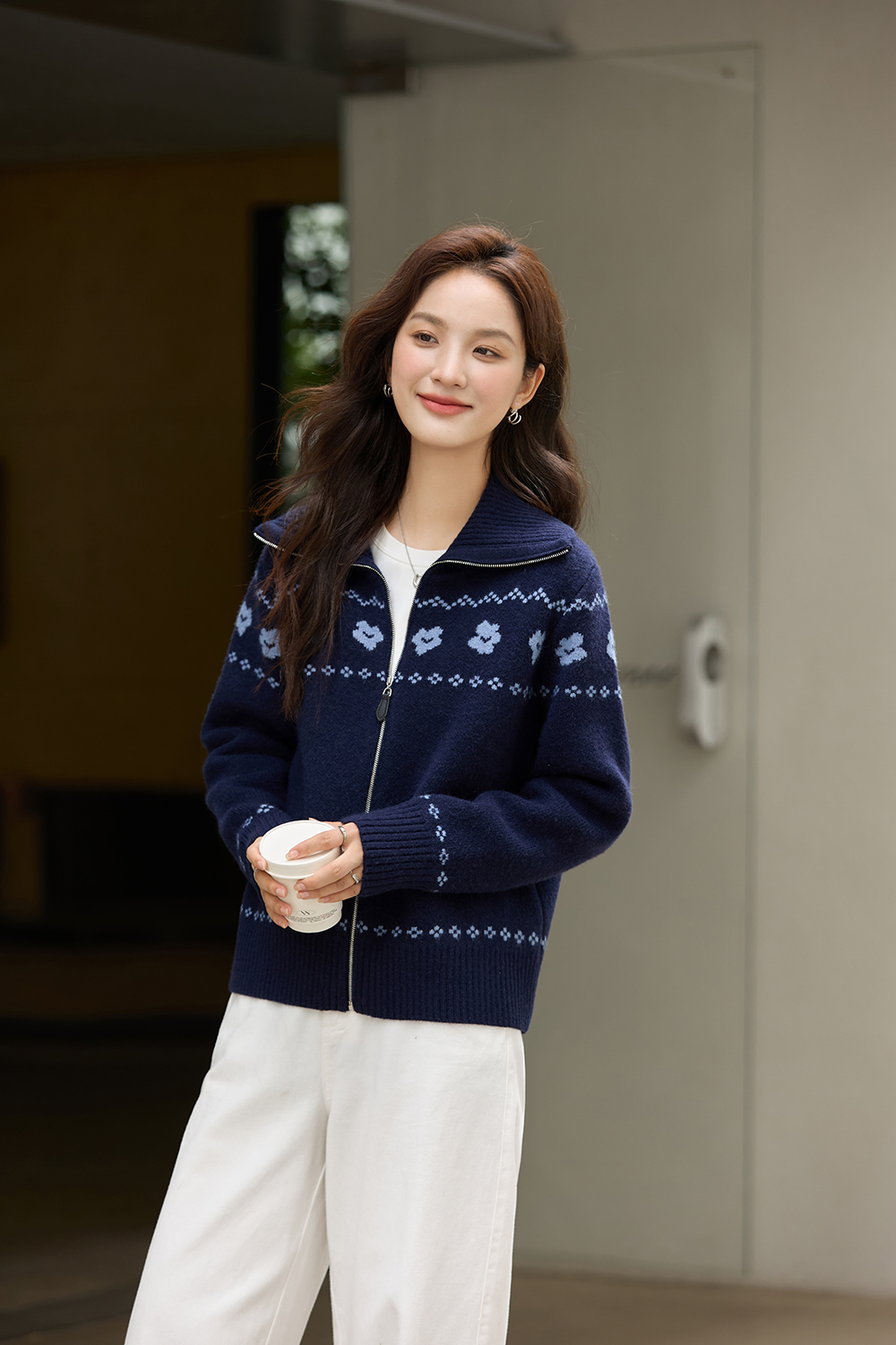 Navy Blue Jacquard Zippered Knitted Cardigan