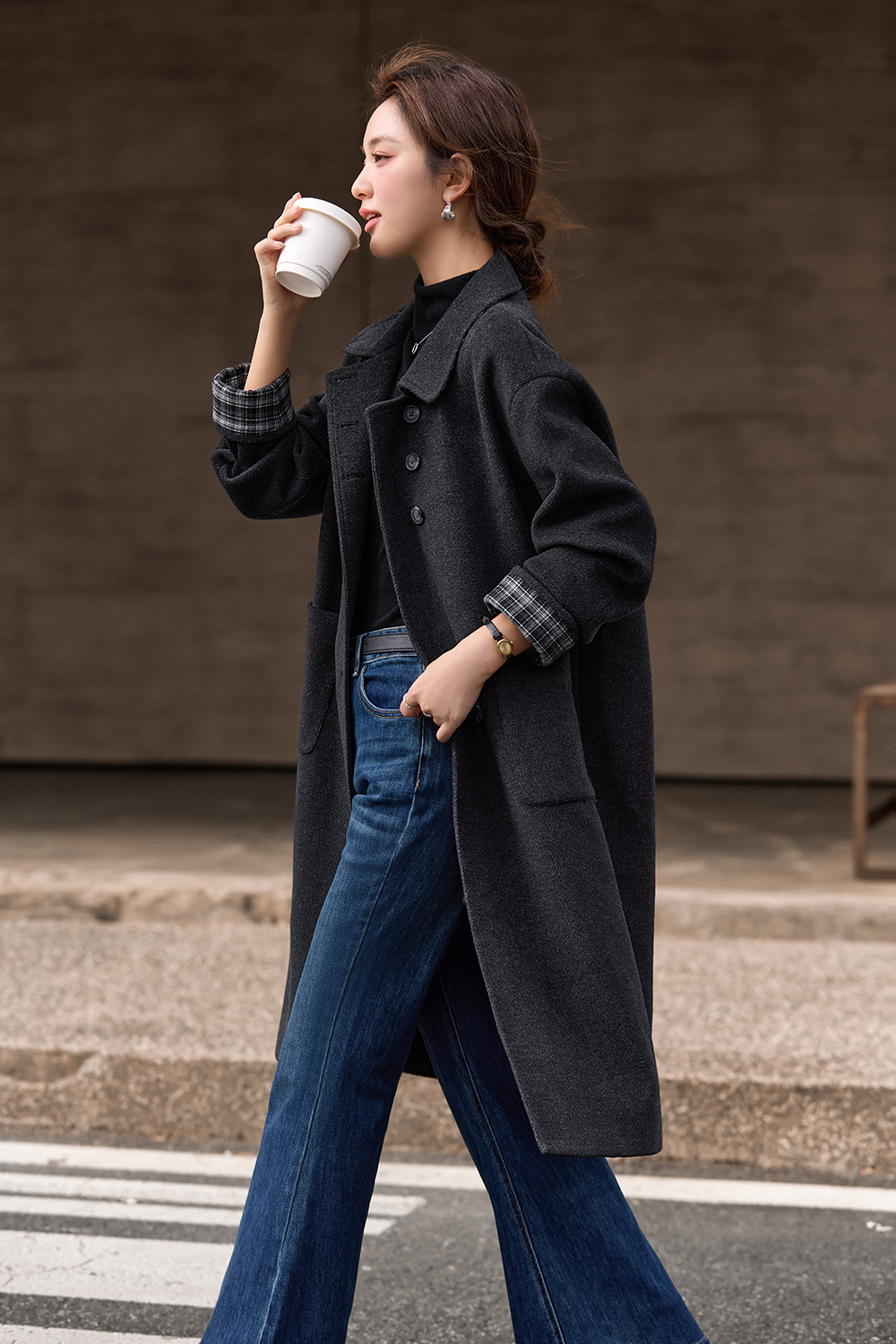 Grey Plaid Patchwork Woolen Coat