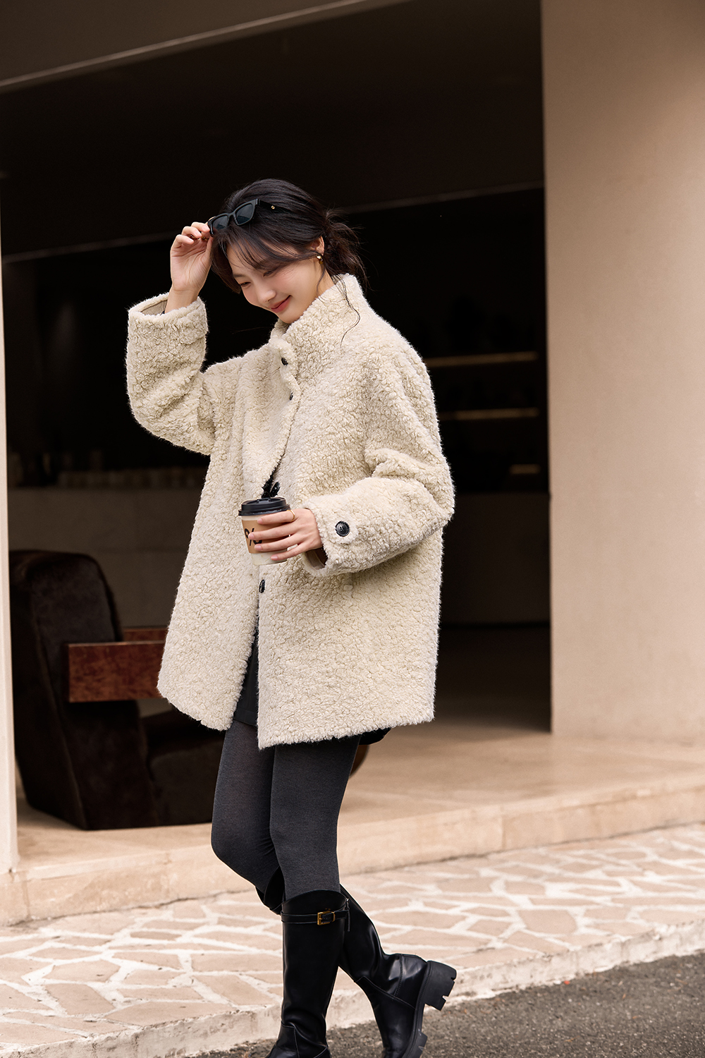 Stand Collar Shearling-Lined Coat