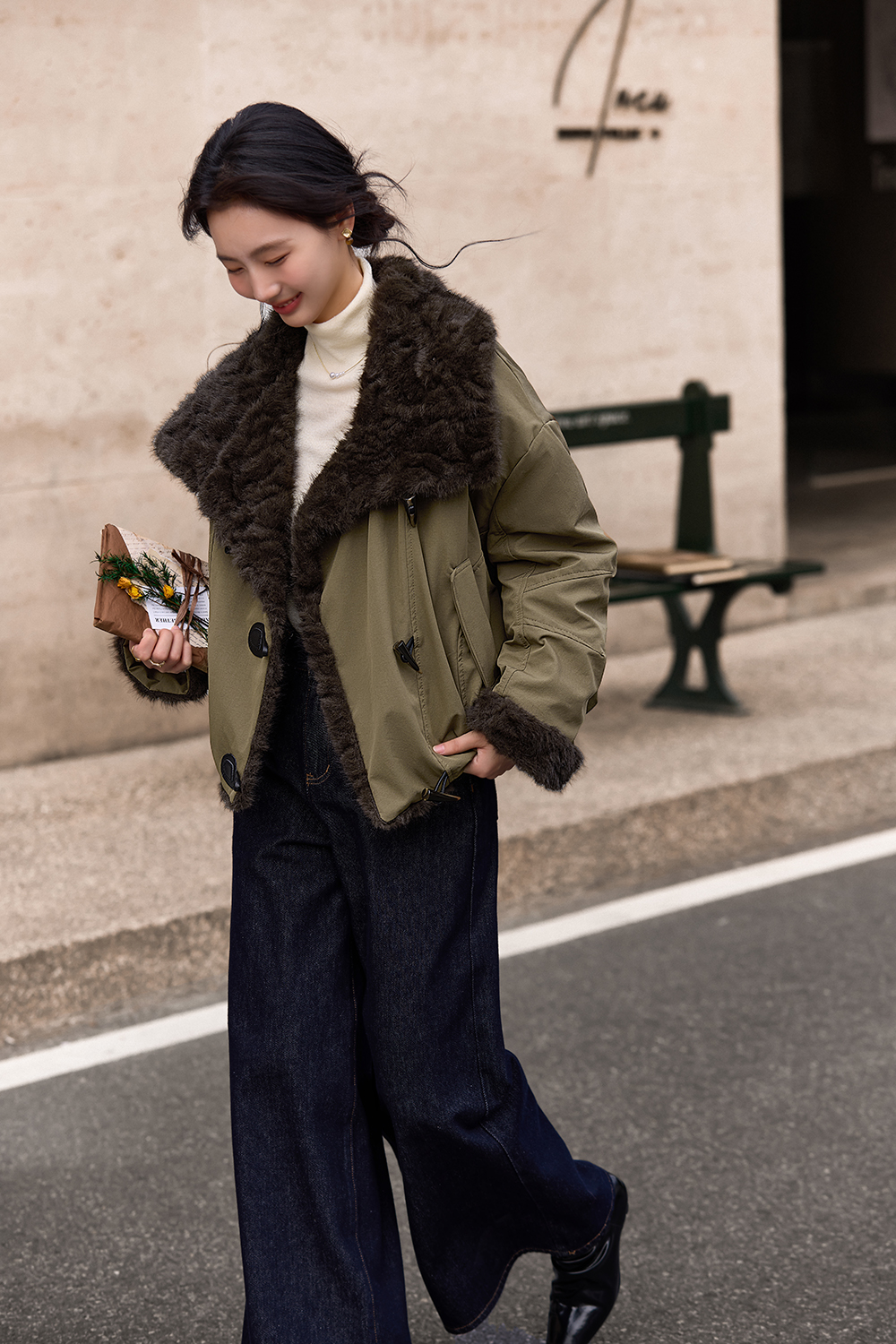 Fleece Lapel Toggle Button Coat