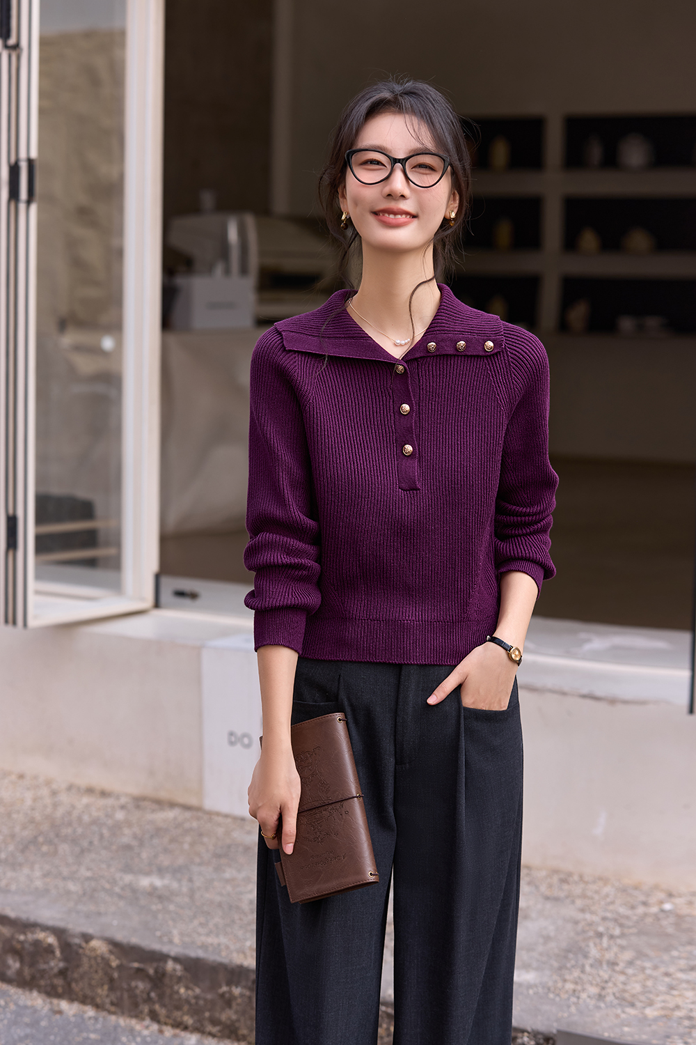 Plum Purple Lapel Knit Sweater