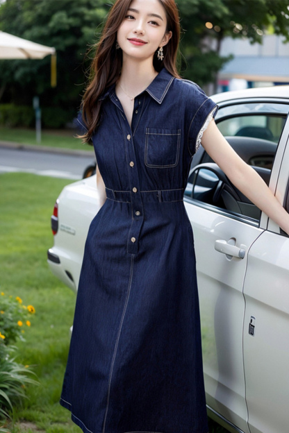 Retro Denim Dress with Lace Sleeves and Waist-Defining Silhouette-VIMLYSTORE