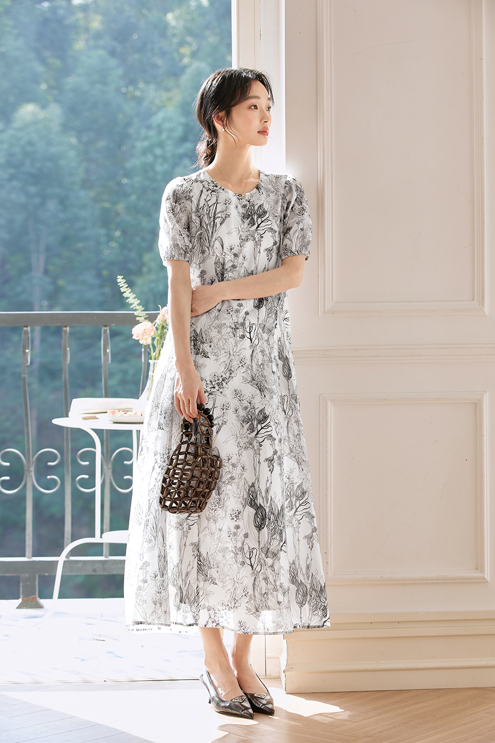 French-Inspired Watercolor Floral Round Neck Pullover Maxi Dress-VIMLYSTORE