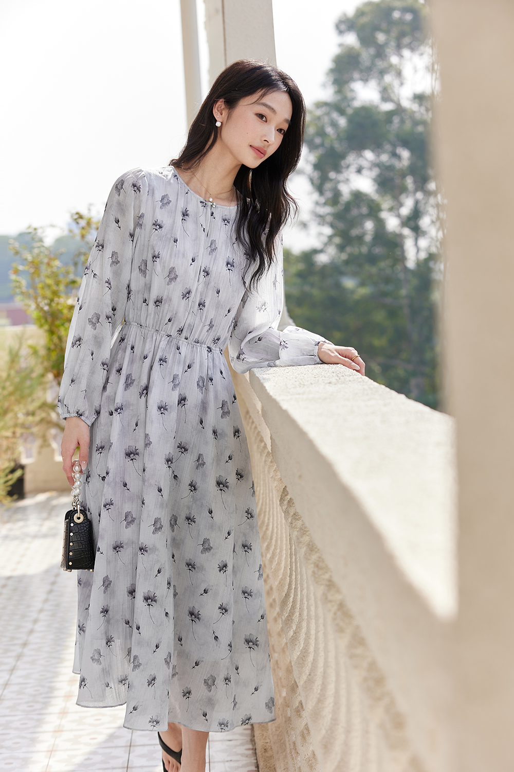 Lyocell Print Waist-Defining Slimming Long Sleeve Dress-VIMLYSTORE