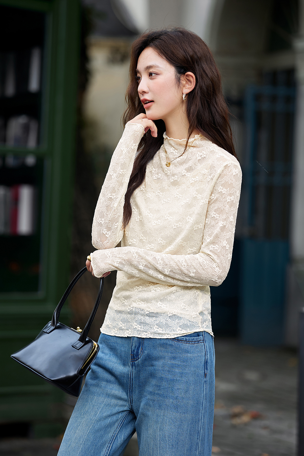 Slim-fit Layering Semi-turtleneck Lace Long Sleeve T-shirt-VIMLYSTORE