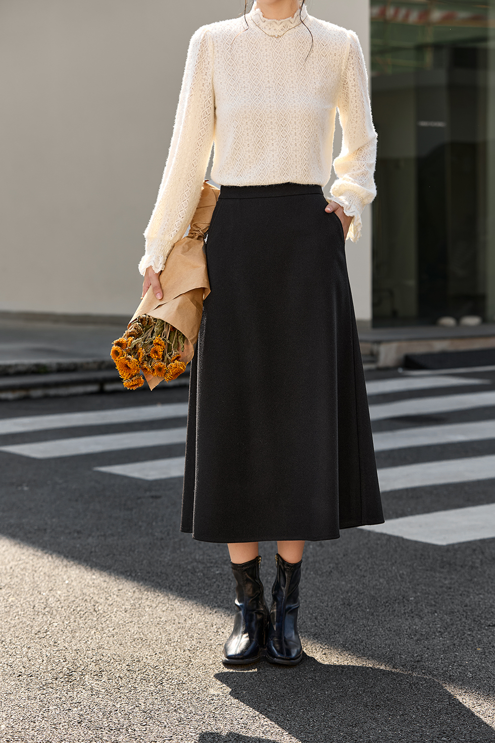 Elegant Light Wool Midi Skirt