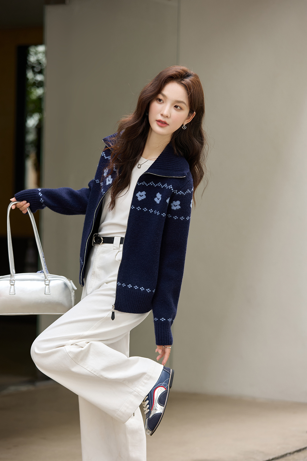 Navy Blue Jacquard Zippered Knitted Cardigan