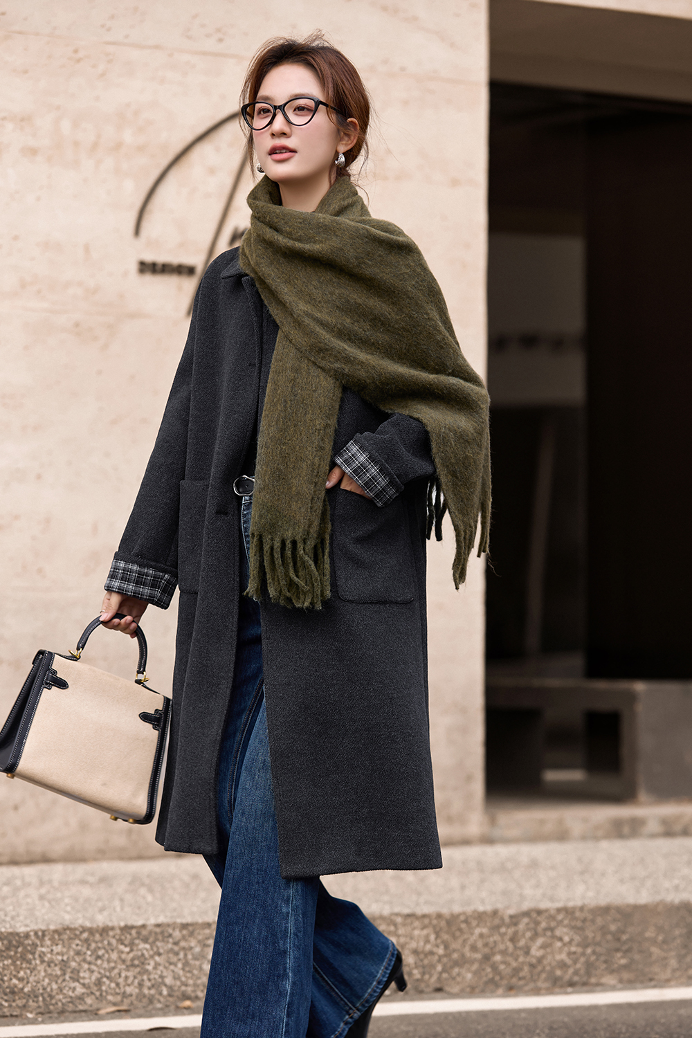 Grey Plaid Patchwork Woolen Coat