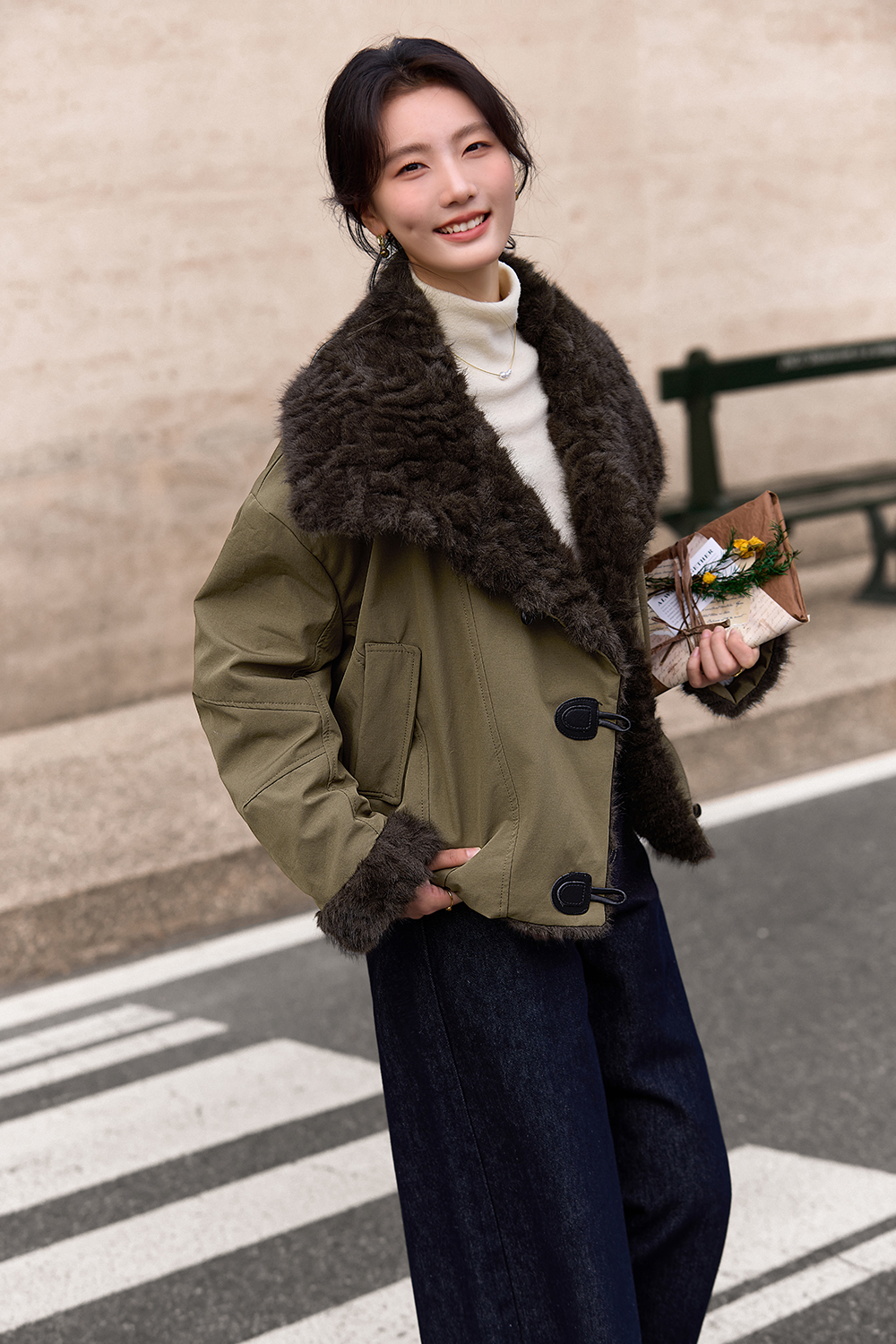 Fleece Lapel Toggle Button Coat