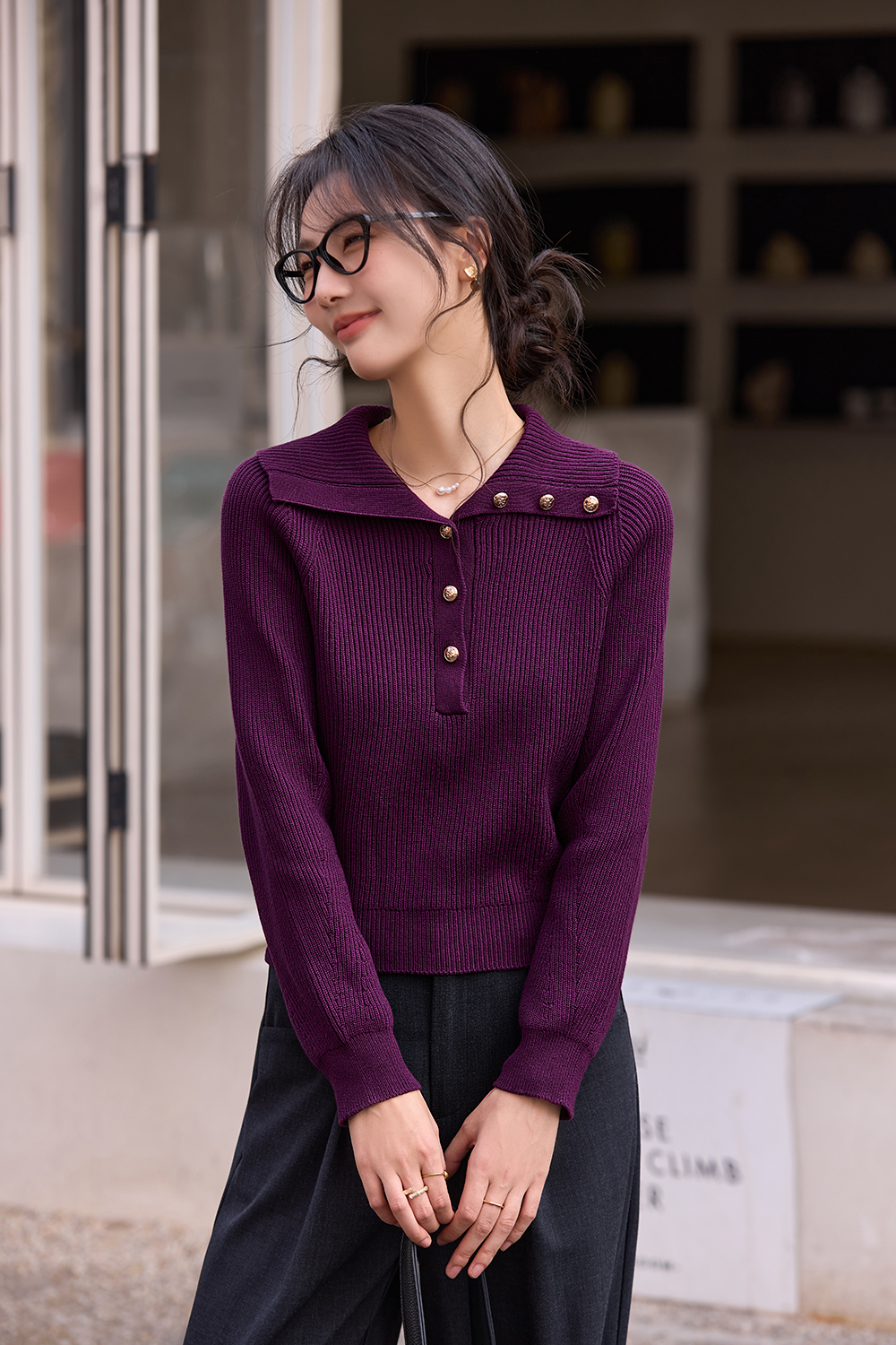 Plum Purple Lapel Knit Sweater