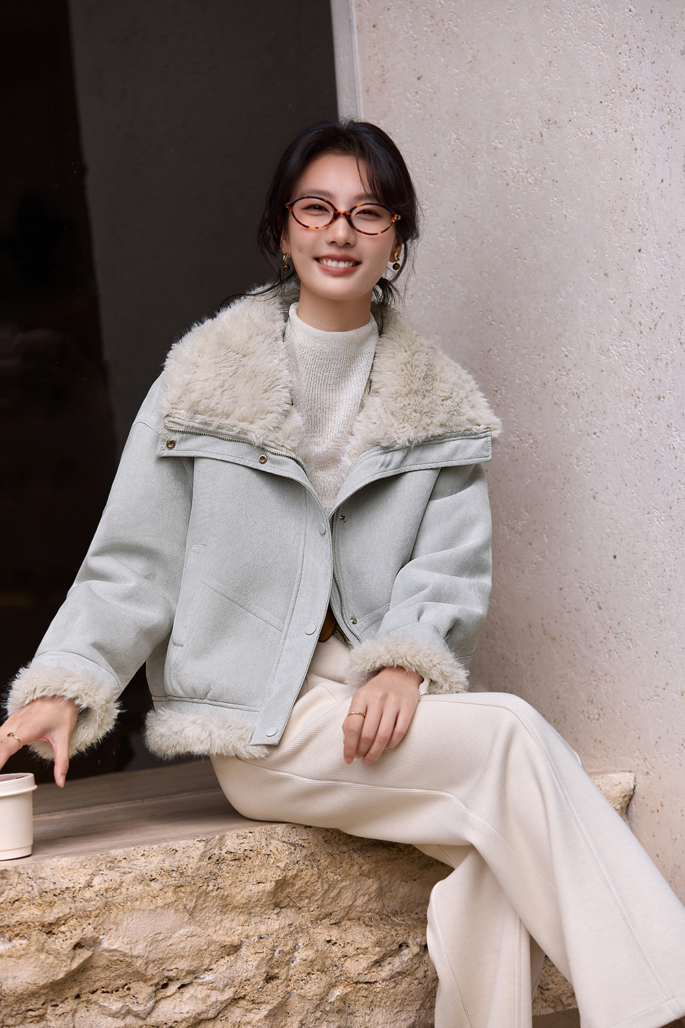 Fur Collar Shearling-Lined Short Coat