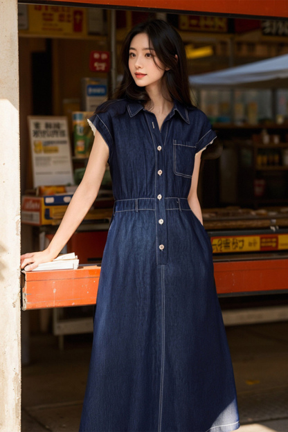 Retro Denim Dress with Lace Sleeves and Waist-Defining Silhouette-VIMLYSTORE