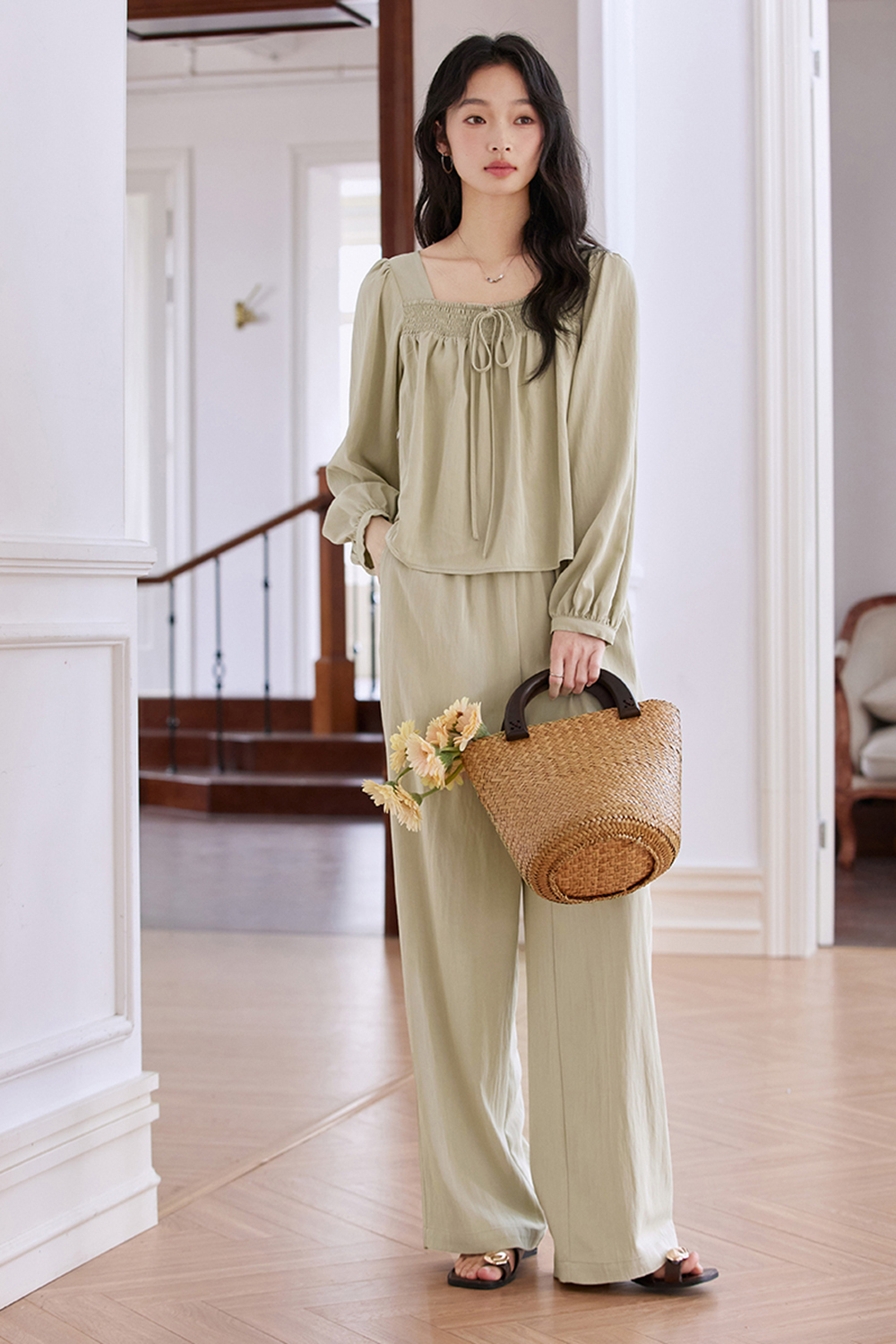 Retro Square-Neck Pleated Top with Wide-Leg Pants Set